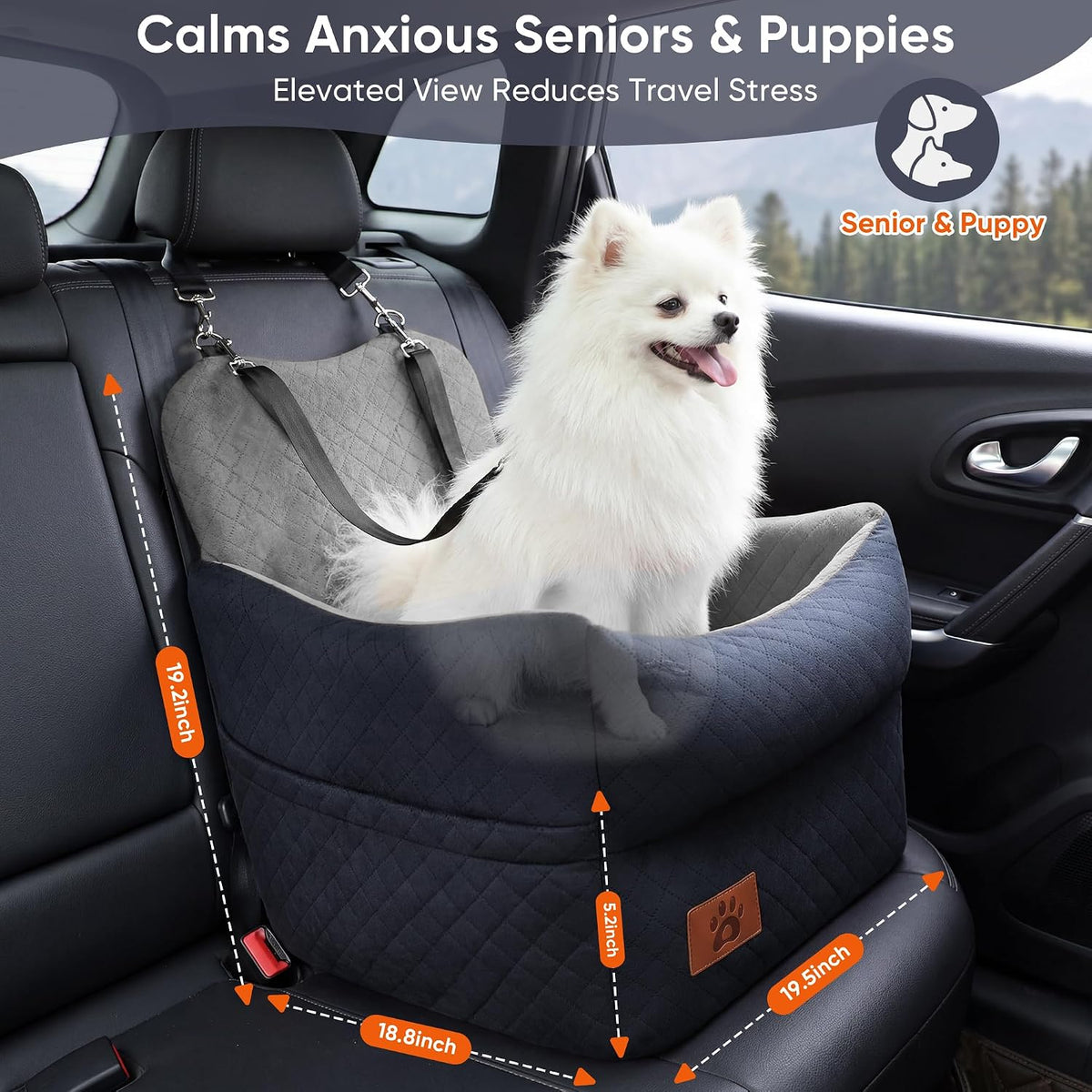 Elevated Dog Car Seat for Small & Medium Dogs Up to 35lbs - Washable Memory Foam Portable Dog Booster Seat, Senior & Puppy Pet Travel Bed for Car (Black/Grey)