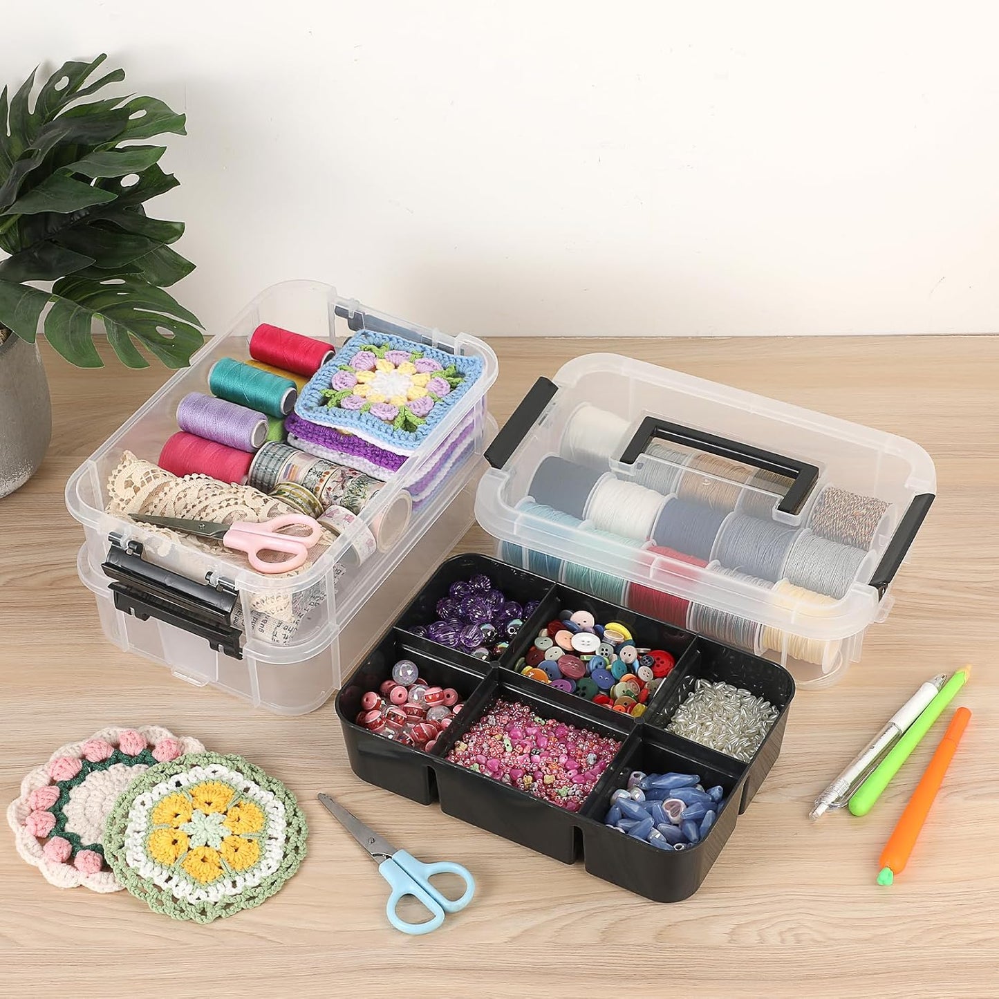 JUXYES 3-Tiers Plastic Stack Carry Storage Containers Box wih Handle Lids | 2 Pack Clear Stackable Craft Organizers and Storage Bin with Tray for Organizing Stationery, Sewing, Art Craft, DIY Supplies