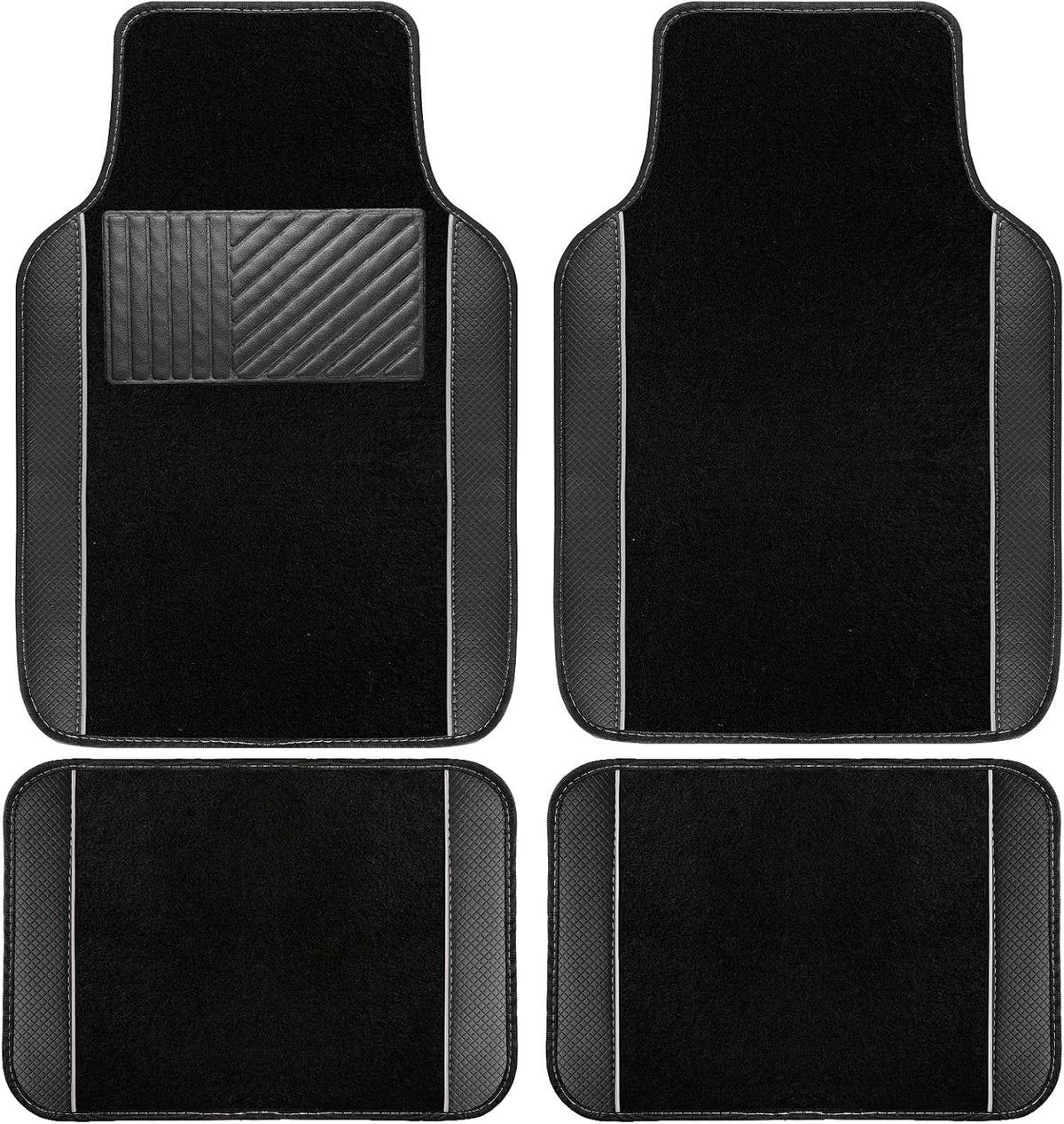 NBTEPEM Waterproof Universal Fit Car Floor Mats, Faux Leather Sporty Car Carpet Mats with Anti-Slip Nibbs Backing & Driver Heel Pad Fit for SUV, Vans, Sedans, Trucks, Set of 4 (Black with Grey line)