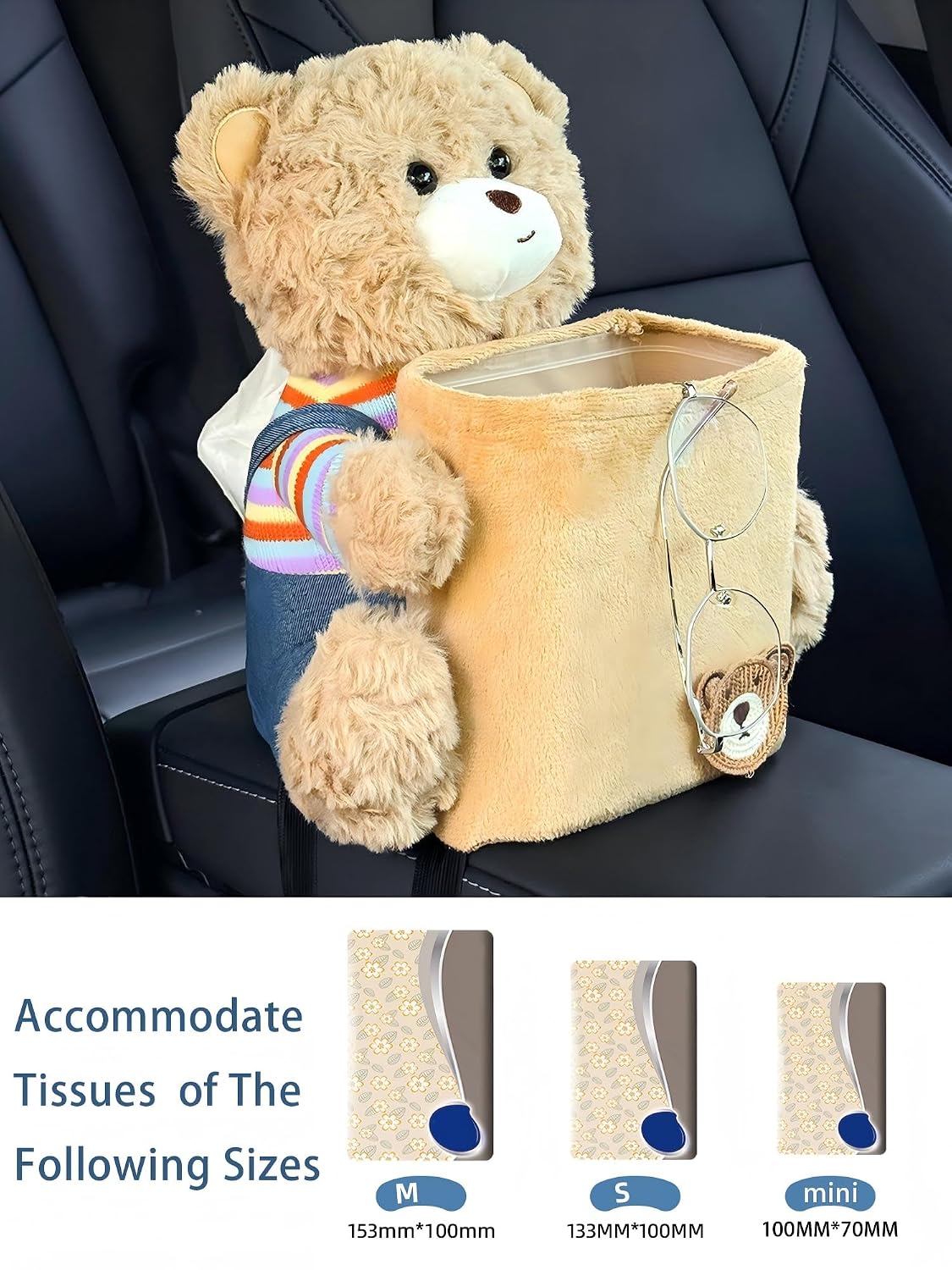 Cute Car Trash Can with Tissue Holder Teddy Bear Tissue Box Console Stuffed Animal Organizer Plush Doll Multifunctional Creative Accessories for Women Rainbow Bear