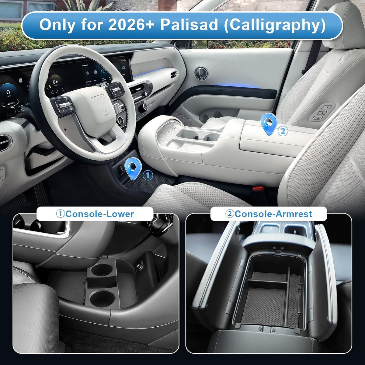 (2Pack) 2026 2027 Palisade Center Console Organizer for Hyundai Palisade (Only fit Calligraphy) (Lower+Console Organizer), Durable &Anti-Slip ABS Console Tray Insert 2026 Palisade Accessories