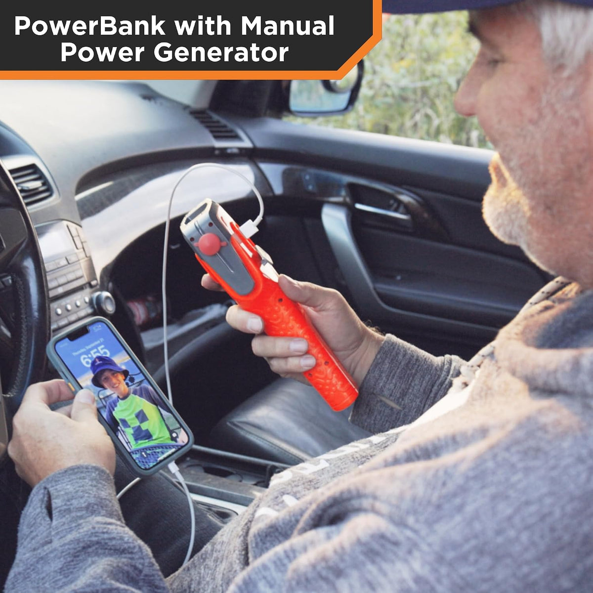 KELVIN 8 Automotive Emergency Tool 8: Power Generator with USB Powerbank, Razor Sharp Seat Belt Cutter, Car Flashlight Emergency Kit, Safety Window Hammer, & 100 db Emergency Siren - Orange