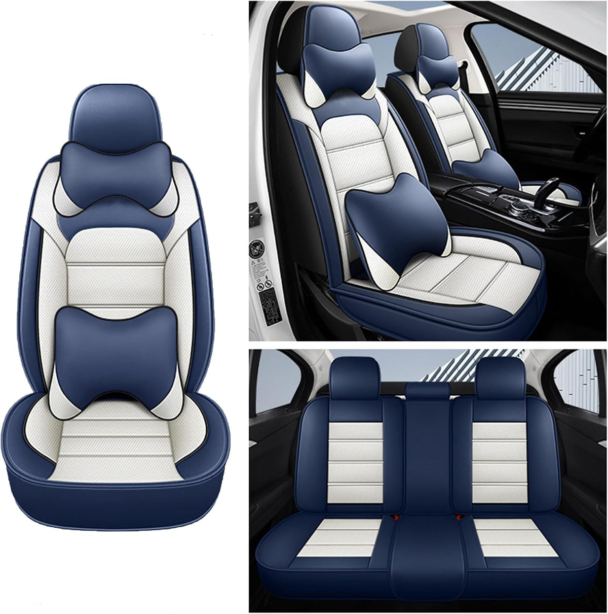 YQ FU Leather Seat Covers Blue White Full Set w/ 2 Pillows Universal 2 Row