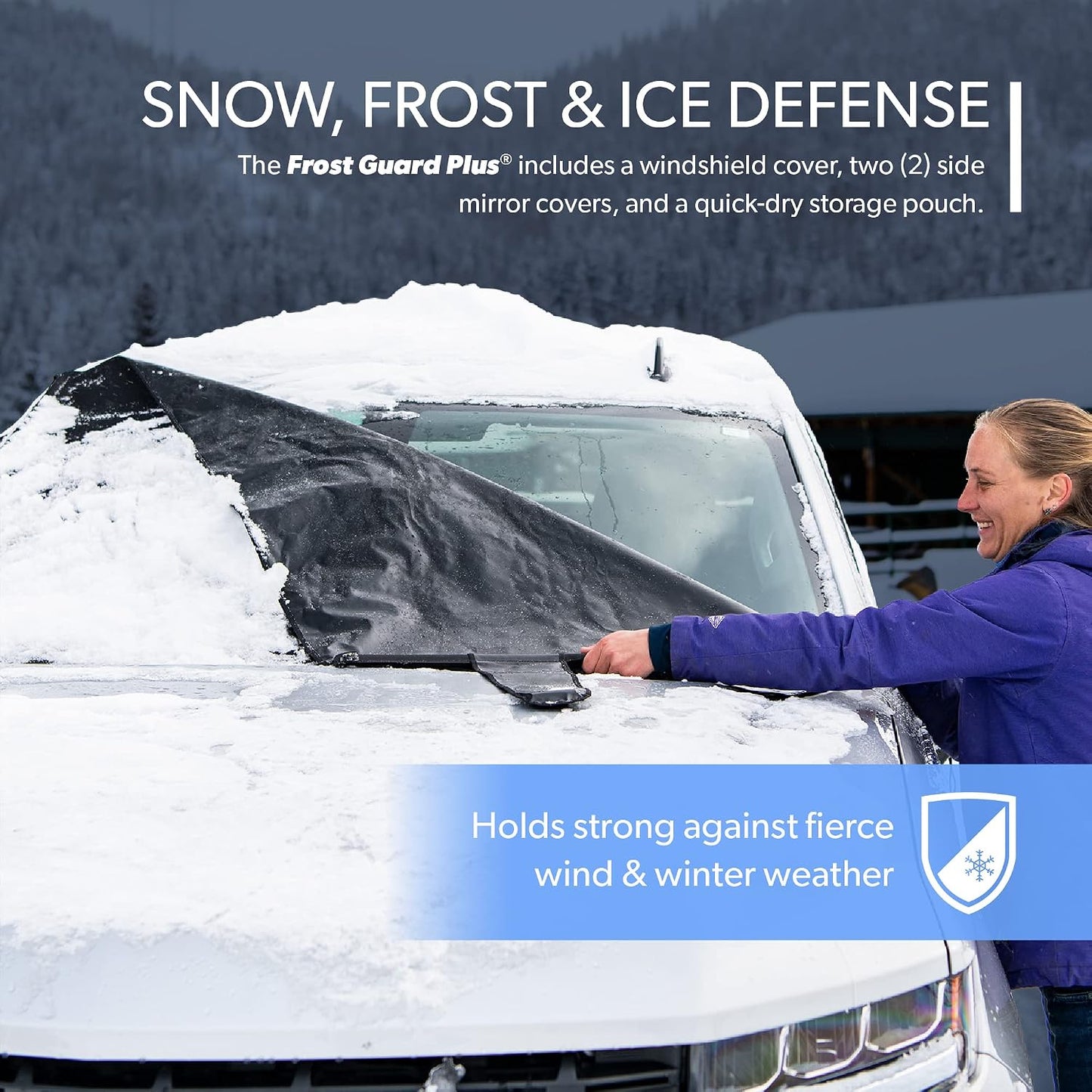 FrostGuard Plus | Winter Windshield Cover for Ice and Snow, XL Size (Black) - Built-in Security Panels, Wiper Blade Coverage + Mirror Covers - Fits XL Size Cars, Trucks and SUVs, 68 x 41 Inches