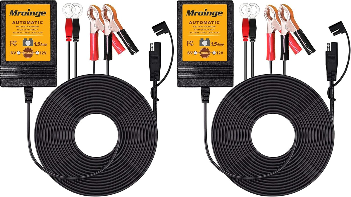 Smart Battery Charger, Mroinge 1.5A 6/12V Fully Automatic Trickle Charger/Maintainer for Motorcycle, ATV, Lawnmowers and More