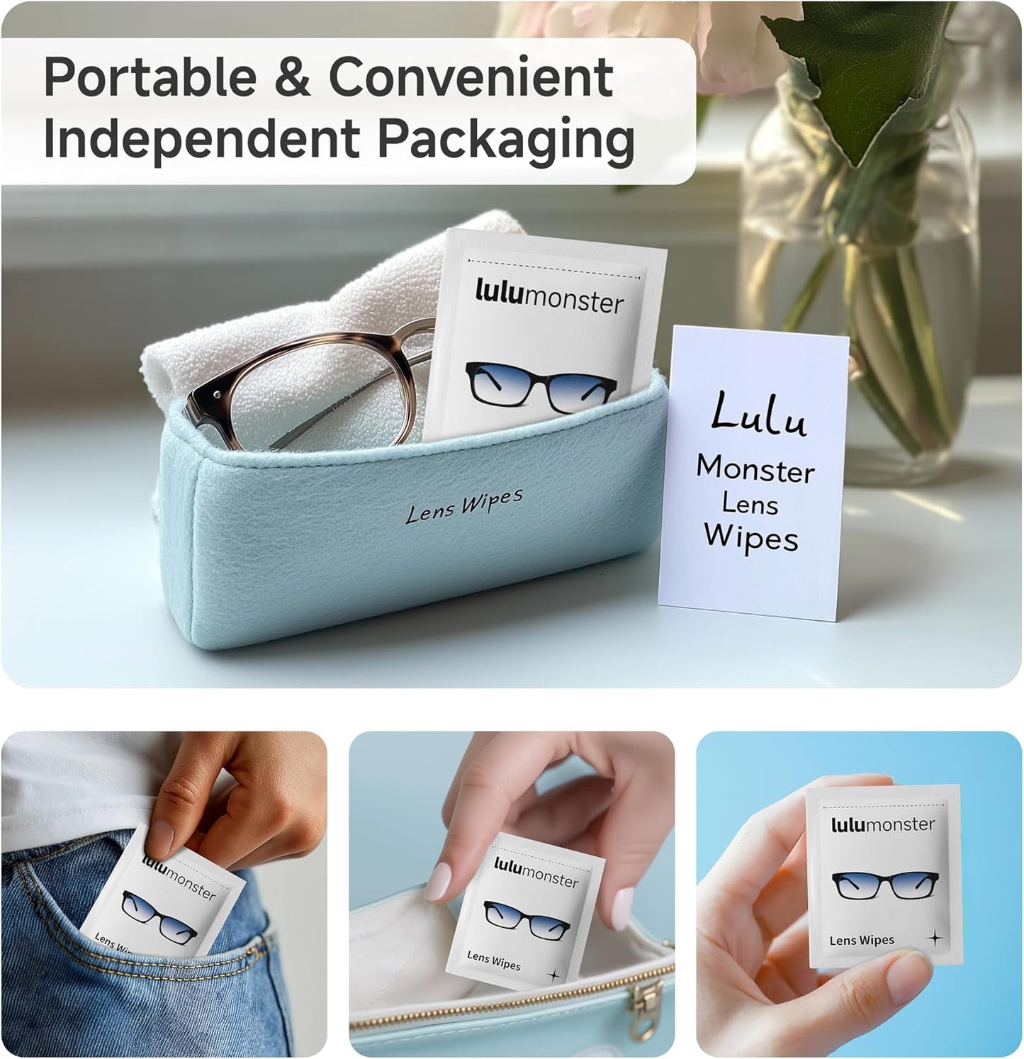 Anti Fog Lens Wipes for Eyeglasses, 150 Individually Wrapped Pre-Moistened Glasses Cleaning Wipes, Streak-Free Lens Cleaner for Glasses, Sunglasses, Phone Screen, Camera Lens & Goggles