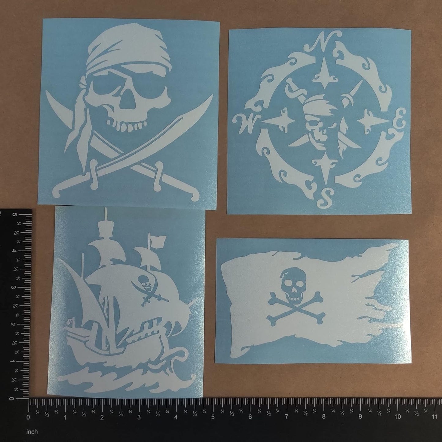 Pirate Decals 4 Pack: Skull and Swords, Ship, Flag, Compass (White, PiratesOne Large 5")