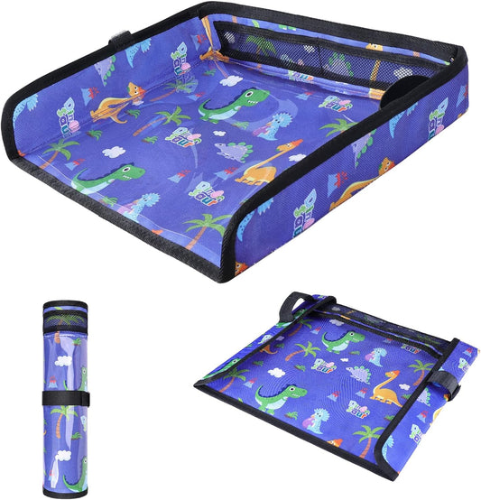 COOLBEBE Airplane Tray Table Cover, Foldable Travel Tray Cover for Toddlers 1-3, Universal Fit for Airplane, Car Seat, High Chair, Machine Washable, Portable, Blue Dinosaur