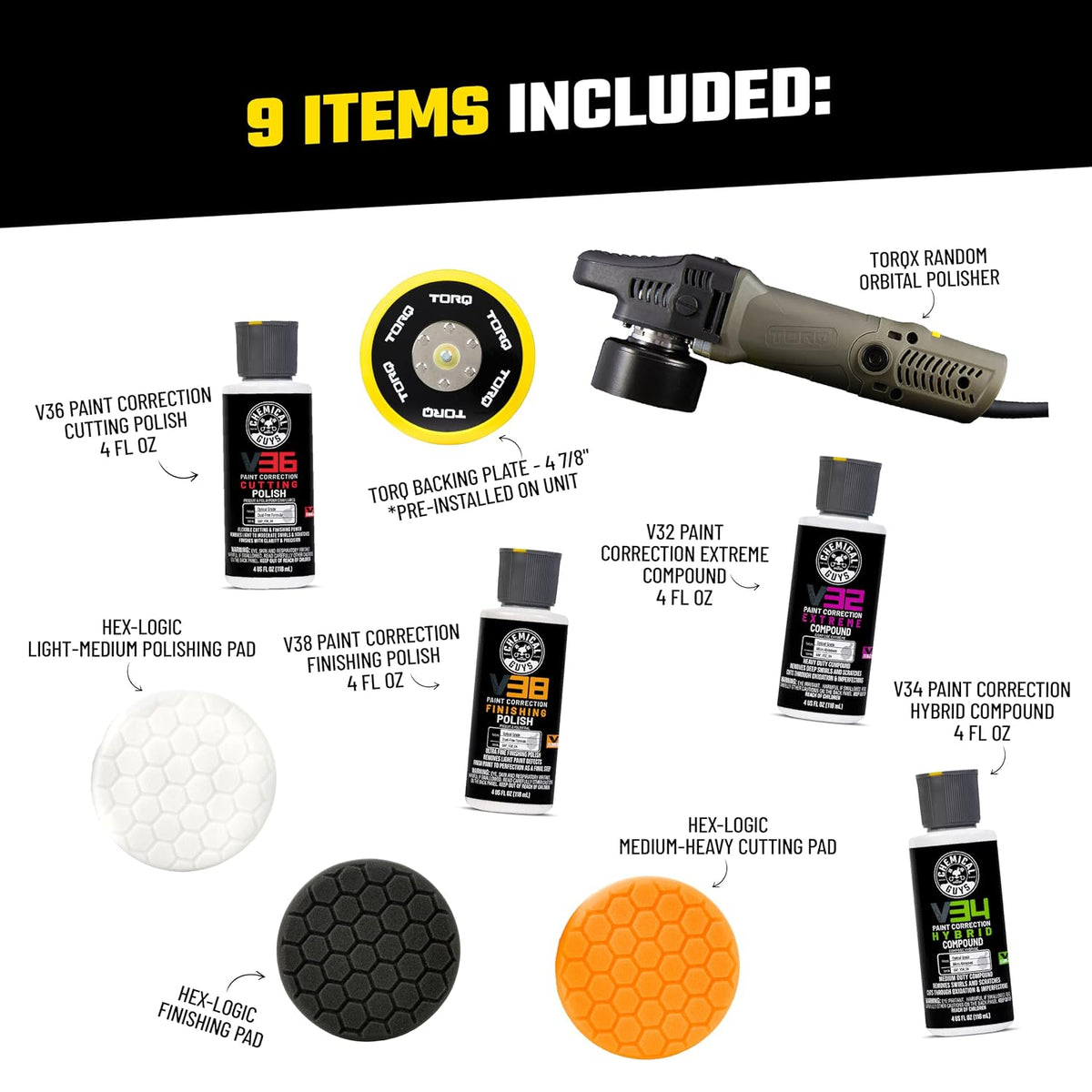 Chemical Guys, TORQX Random Orbital Polisher Kit, 800W Motor, 9-Piece
