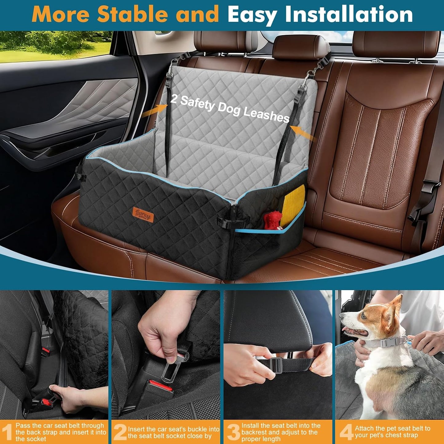 Large Dog Car Seat, Dog Car Bed for Large Dogs Under 60 lbs or 2 Small Breeds, Comfortable Pet Booster Seat with Soft Foam Thick Cushion, Detachable & Washable Pet Bed for Backseat, Black+Grey