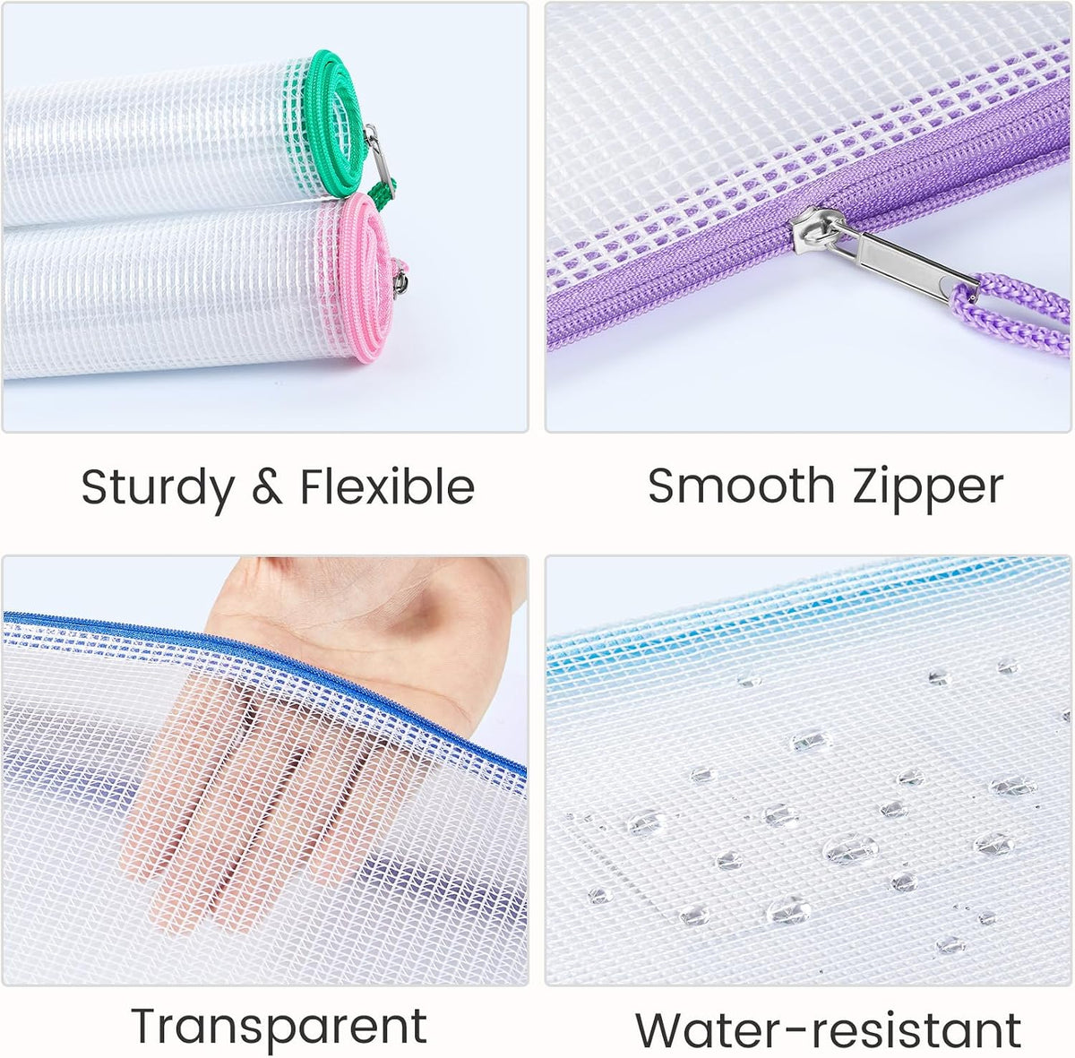 Sooez 24 Pack Mesh Zipper Pouch with Sticky Labels, A4 Mesh Bags Organizer