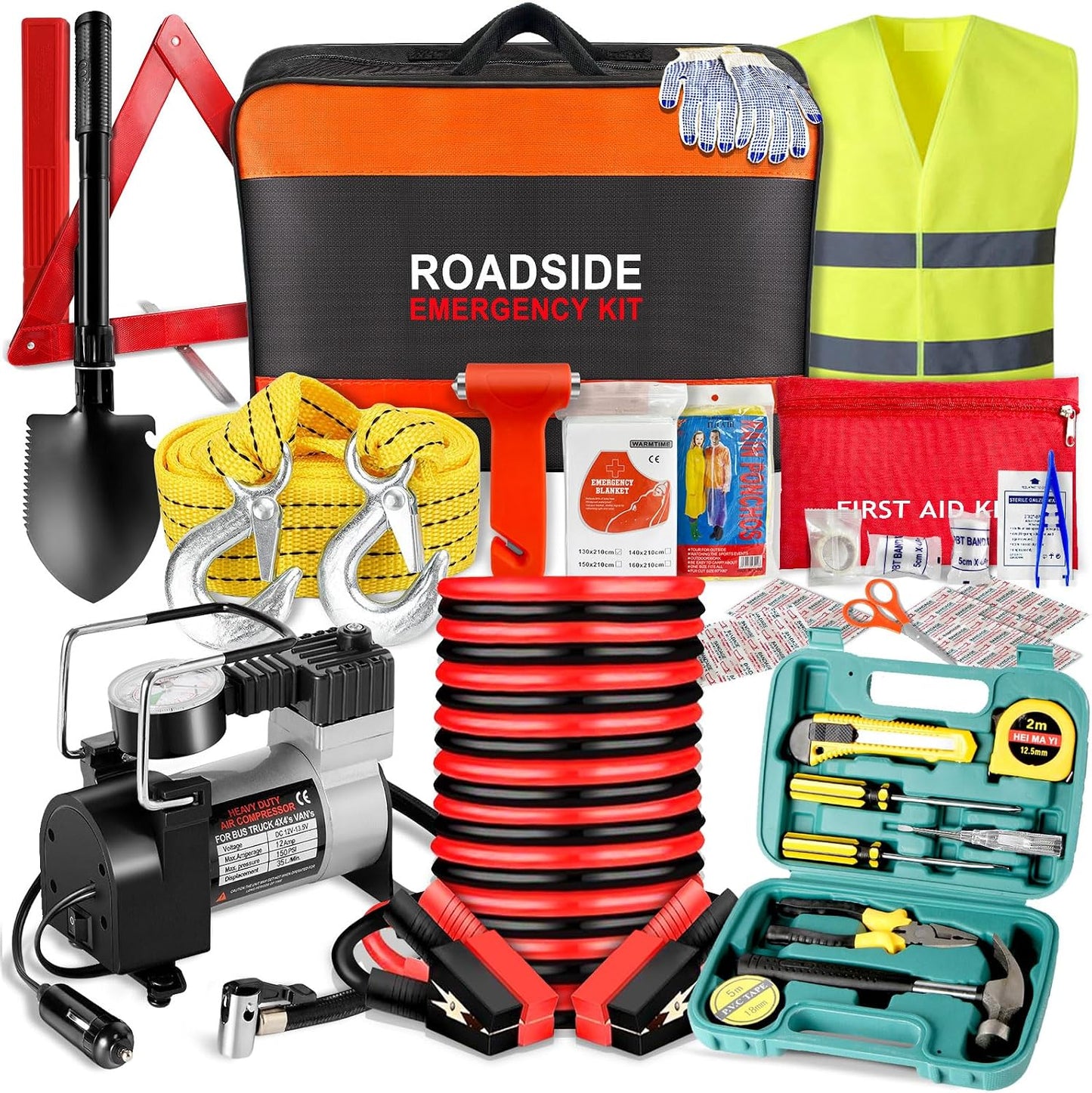 Car Emergency Kit with Air Compressor,Roadside Emergency Car Kit for Vehicles Auto Truck with Jumper Cables,Winter Car Safety Kit with Folding Shovel Car Repair Tool Set First Aid Kit Blanket Tow Rope