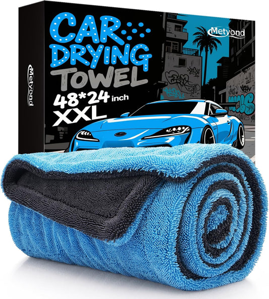 Metyond 48”x24” Car Drying Towel for Full-Sized SUV, Dual Sided Microfiber Car Cleaning Towel with Twisting Yarn Technique, 1400GSM Super Absorbent Scratch-Free, Machine Washable (Dark Gray - Blue)