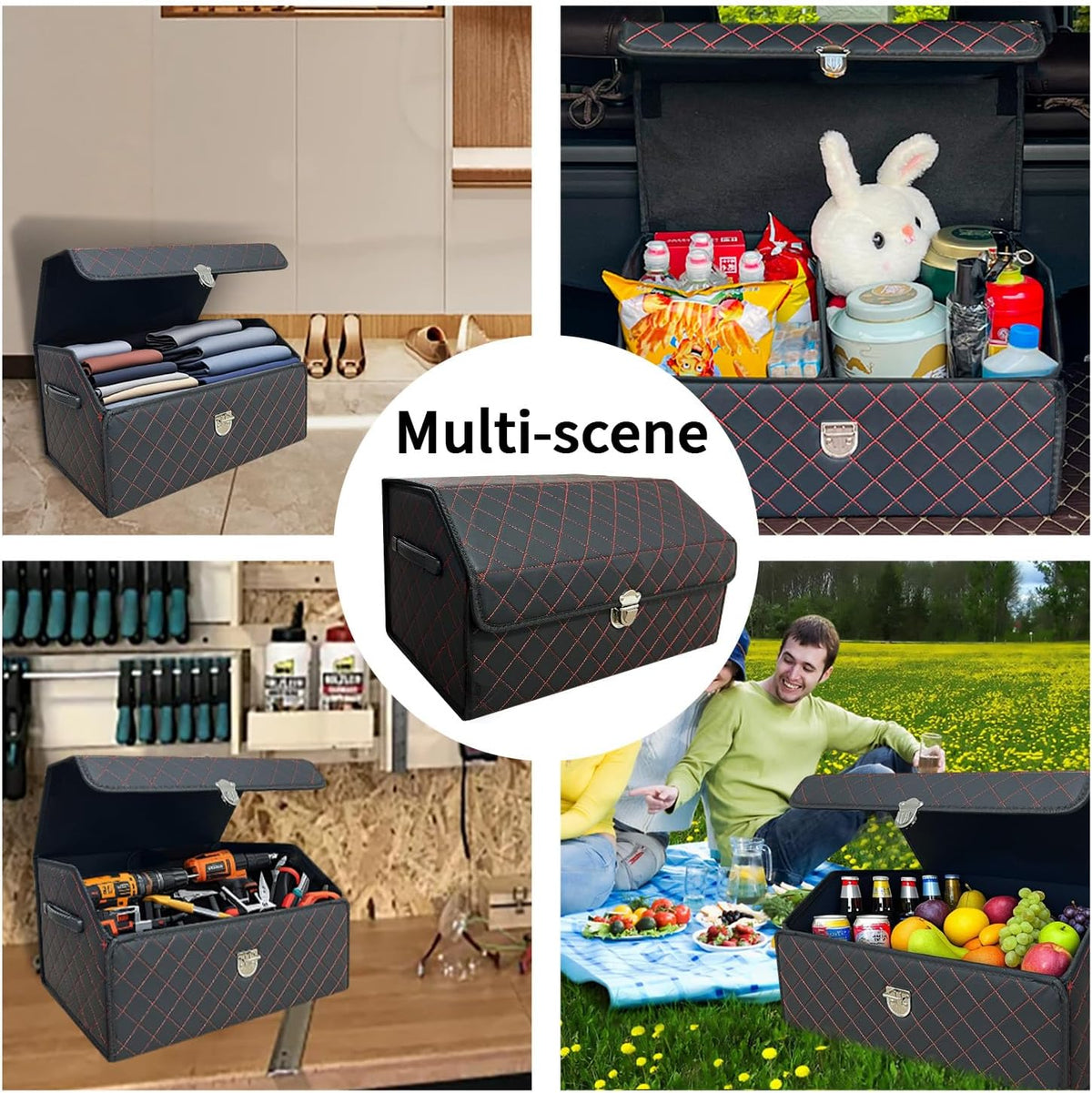 Trunk Organizer for Car With Lid,Foldable Trunk Organizer for SUVs & Sedans,Multi-Functional Leather Storage Box- Black Red Grid - Small