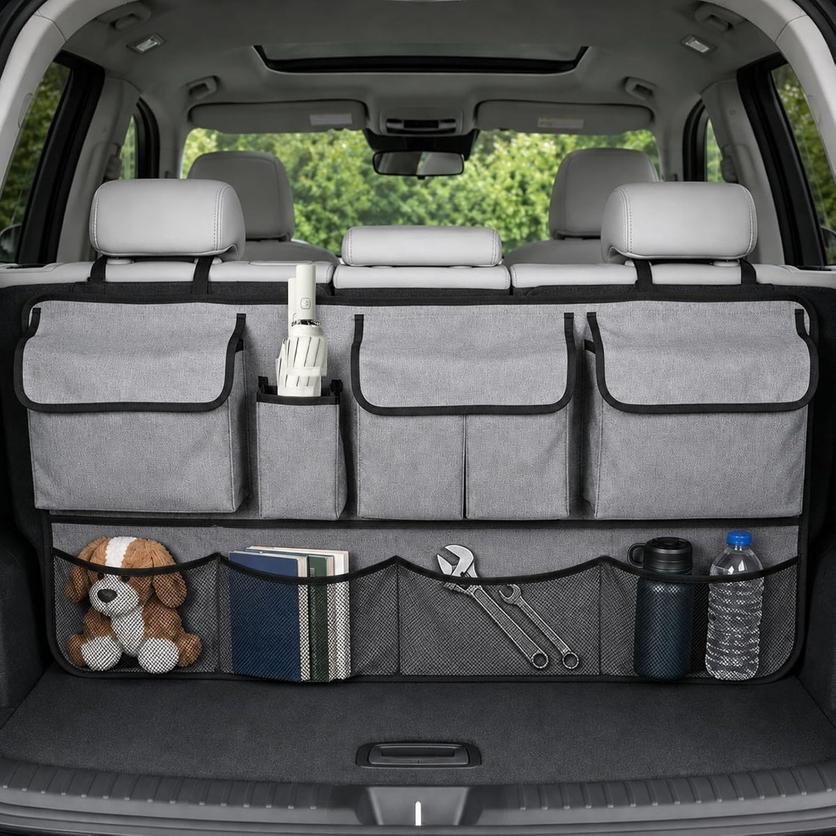Car Trunk Organizer, Multi-pocket Large Capacity Vehicle Backseat Hanging Storage Bag with Adjustable Straps, Automotive Seat Back Trunk Cargo Organizer Bag for SUV, Car Accessories (Black+Red)