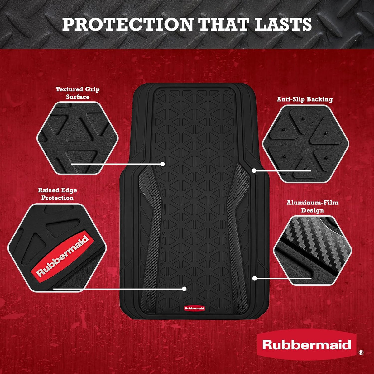 Rubbermaid Car Floor Mats Full Set, Premium Heavy Duty All-Weather Car Mats– Rugged Rubber with Brushed Aluminum Inserts, Universal Trim-to-Fit, Anti-Slip Backing for Cars, SUVs, Trucks & Vans - Black