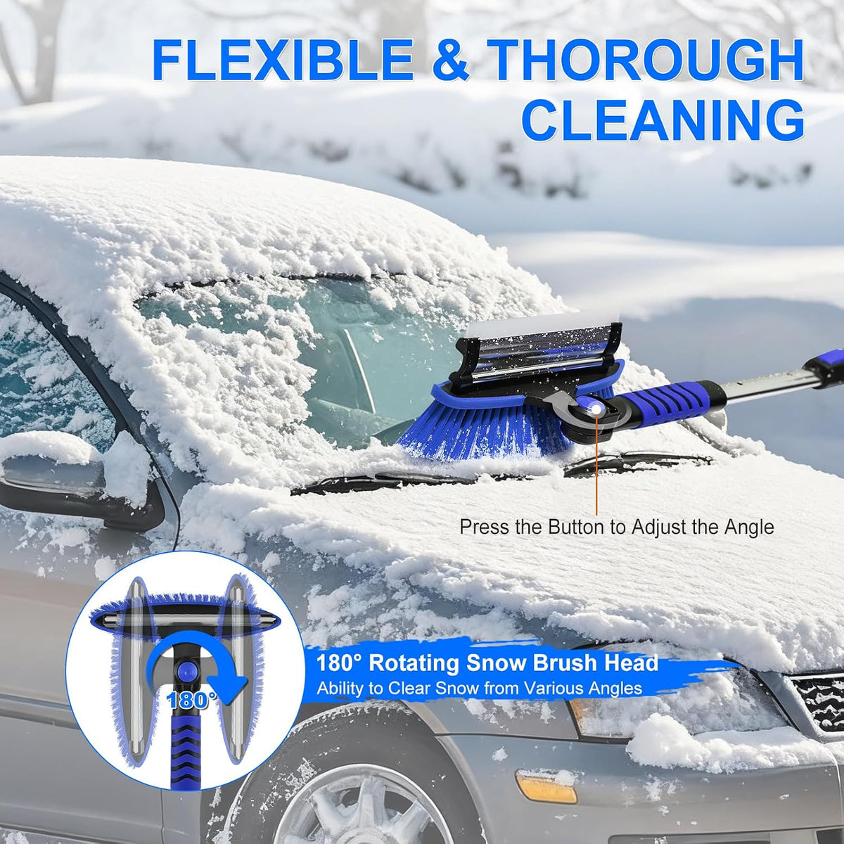 Foldable & Extendable Snow Brush and Ice Scraper for Car, 62.4", Blue