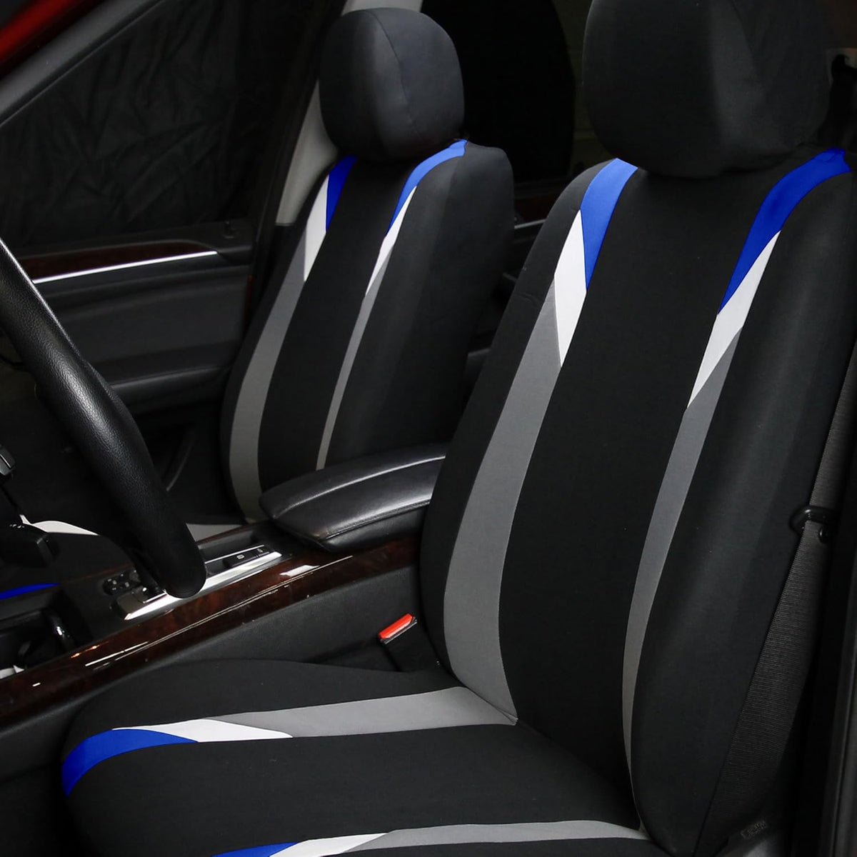 FH Group Front Set Cloth Car Seat Covers for Low Back Car Seats with Removable Headrest, Universal Fit, Airbag Compatible Seat Cover for SUV, Sedan, Van Blue