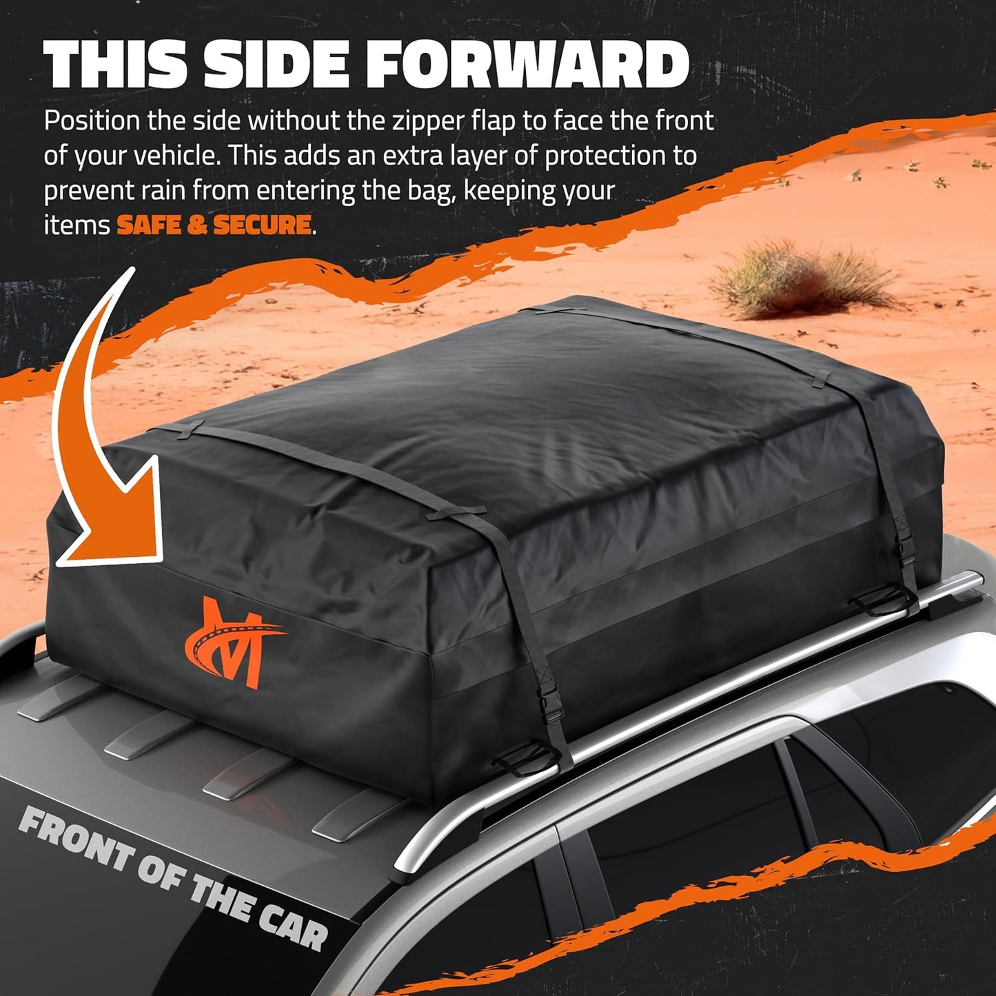 Mockins 25 CuFt Waterproof Rooftop Cargo Carrier Bag | 60"x43"x17" All-Weather 500D Soft-Shell Vinyl Car Top Carrier Without Roof Rack | Vehicle Soft-Shell Carriers with Roof Mat, Lock, Hooks & Straps