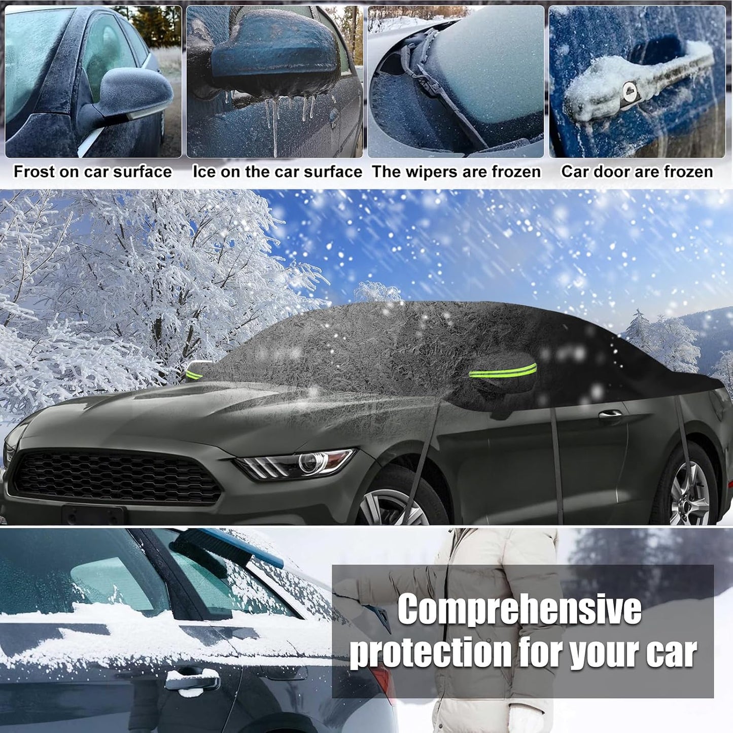 300D Black Oxford Half Car Cover Compatible with 2005-2024 Ford Mustang S-197/S550/S650, Protector Car Body Covers for Windproof Dustproof UV Resistant Protect Your Windshield and Roof