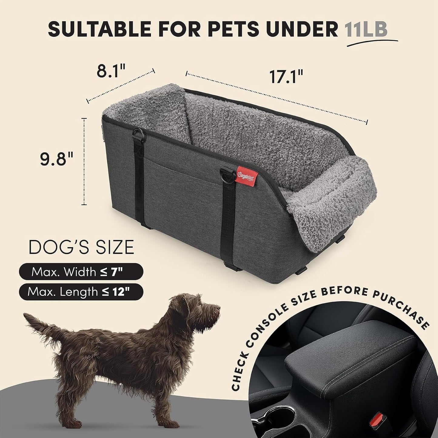 BurgeonNest Center Console Small Dog Car Seat - Portable Pet Cat Puppy Booster Armrest Carseat Up to 11lbs, Anti-Collapse Comfort Car Travel with Washable Fluffy Cushion and Pillow, Grey