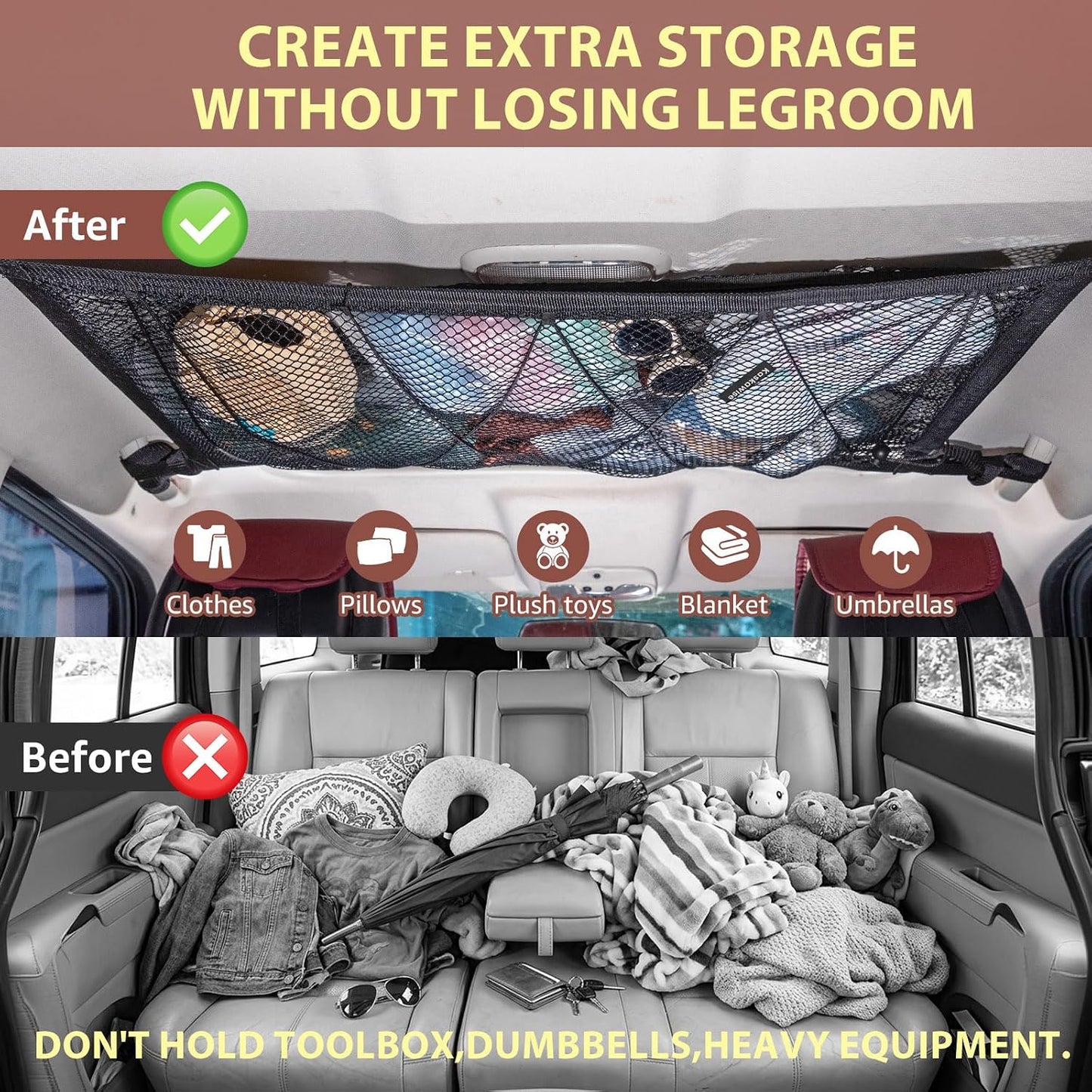 Car Ceiling Cargo Net 35.4" x 23.6", Double Layer Roof Storage Organizer for SUV,Overhead Mesh Holder with Reinforced Straps,Road Trip Essentials for Camping Travel Fits 4 Handle Vehicles