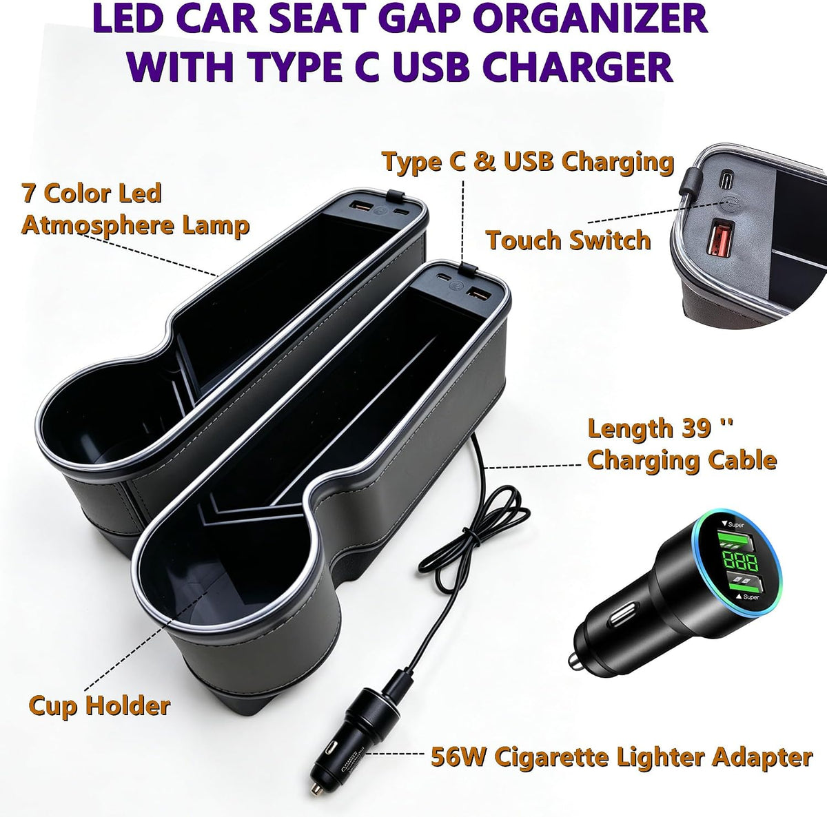 7 Color Led Car Seat Gap Organizer with 56W Cigarette Lighter Adapter,Grey