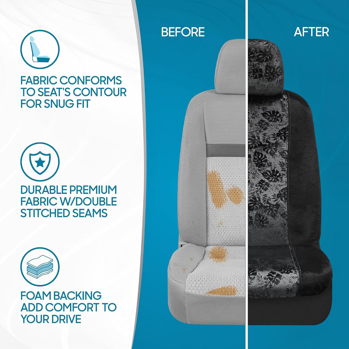 BDK Black Maui Car Seat Covers for Front Seats, 2 Pack – Tropical Pattern with Matching Headrest, Sideless Design for Easy Installation, Fits Most Car Truck Van and SUV