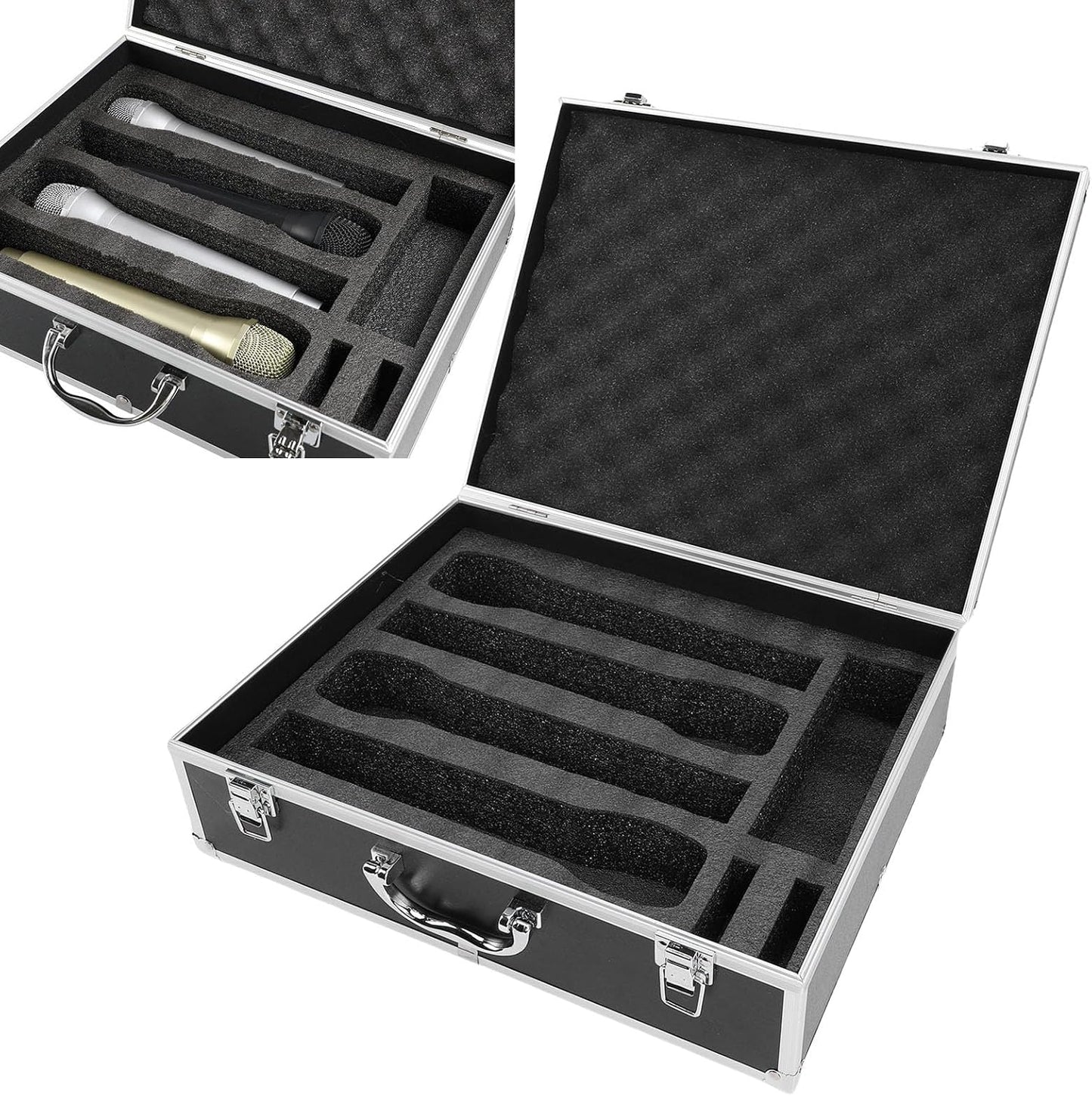 ASHATA Hard Shell Carrying Case for Wireless Mic System Storage, Aluminum Alloy Sturdy Build, Holds 4 Microphones Compact Storage Bag for Receiver & Accessories