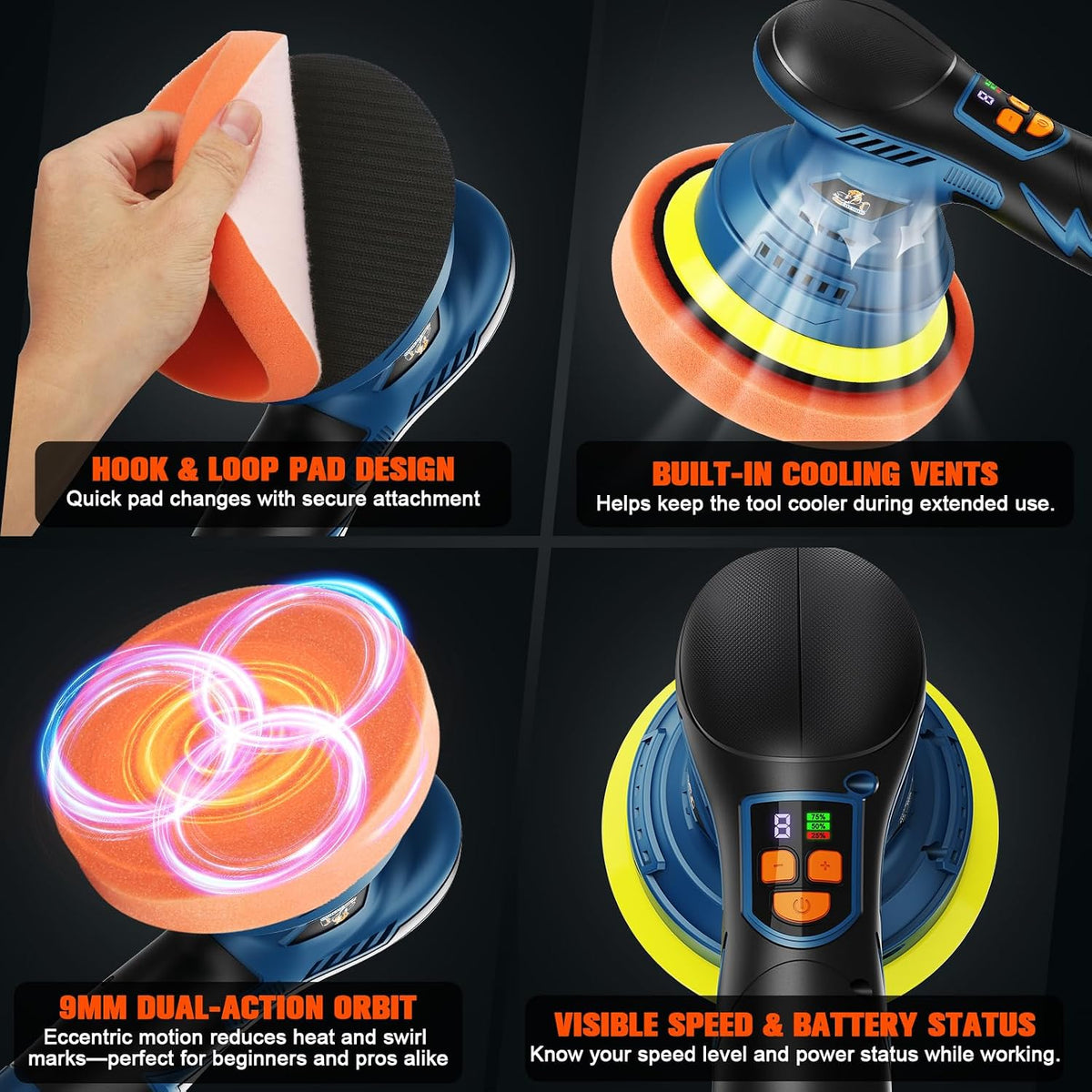 Cordless Car Buffer Polisher, 8-Speed, 2*21V 2000mAh Batteries