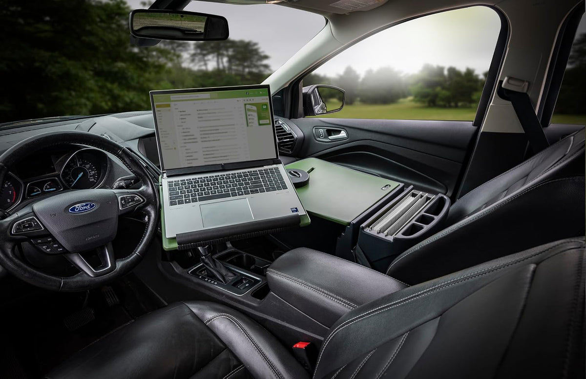 AutoExec Reach Car Desk for Your Vehicle Workstation and Mobile Office, Front Seat Army Green with 400 watt Power Inverter