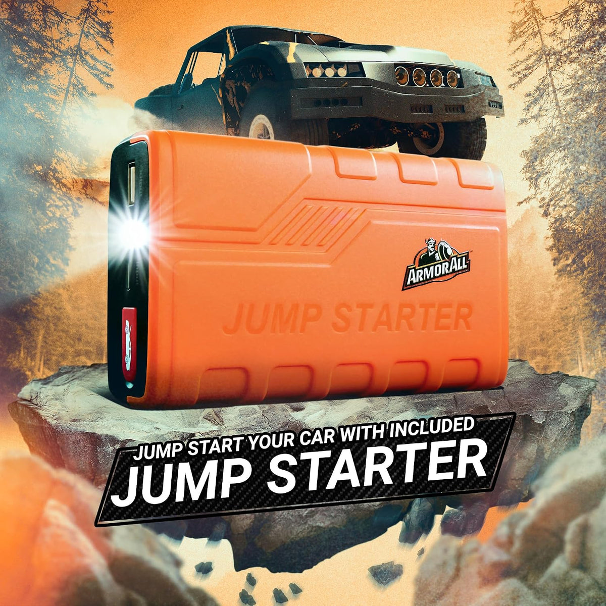Armor All Car Jump Starter Emergency Power Bank Kit, 800 Amp Peak, 2.4 Amp Phone Charge USB Port, LED Light, Strobe, SOS, Overcharge & Discharge Protection, 7200mAh, For Cars Trucks Motorcycles & More