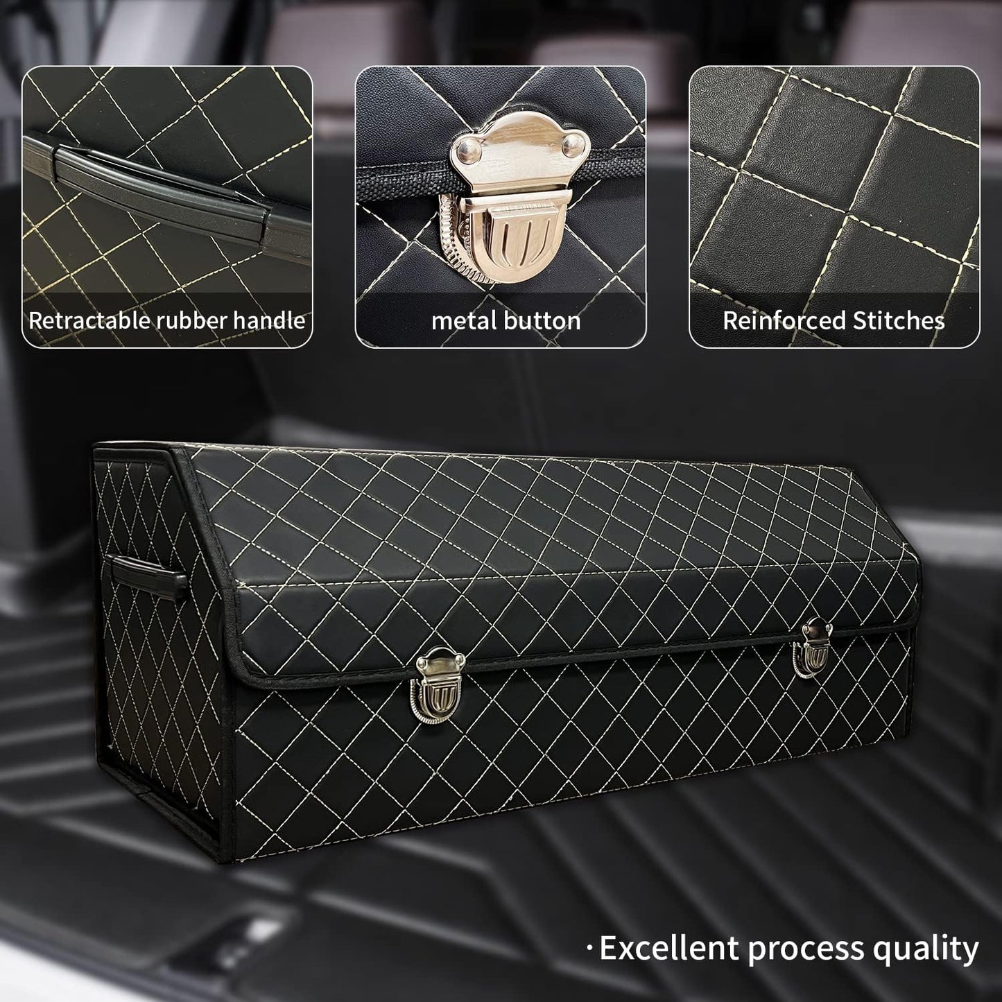 Car Trunk Organizer with Lid,Foldable Faux Leather Cargo Storage Box,3 Compartments,Collapsible Multi-Functional for SUV,Sedan,Vehicle Trunk