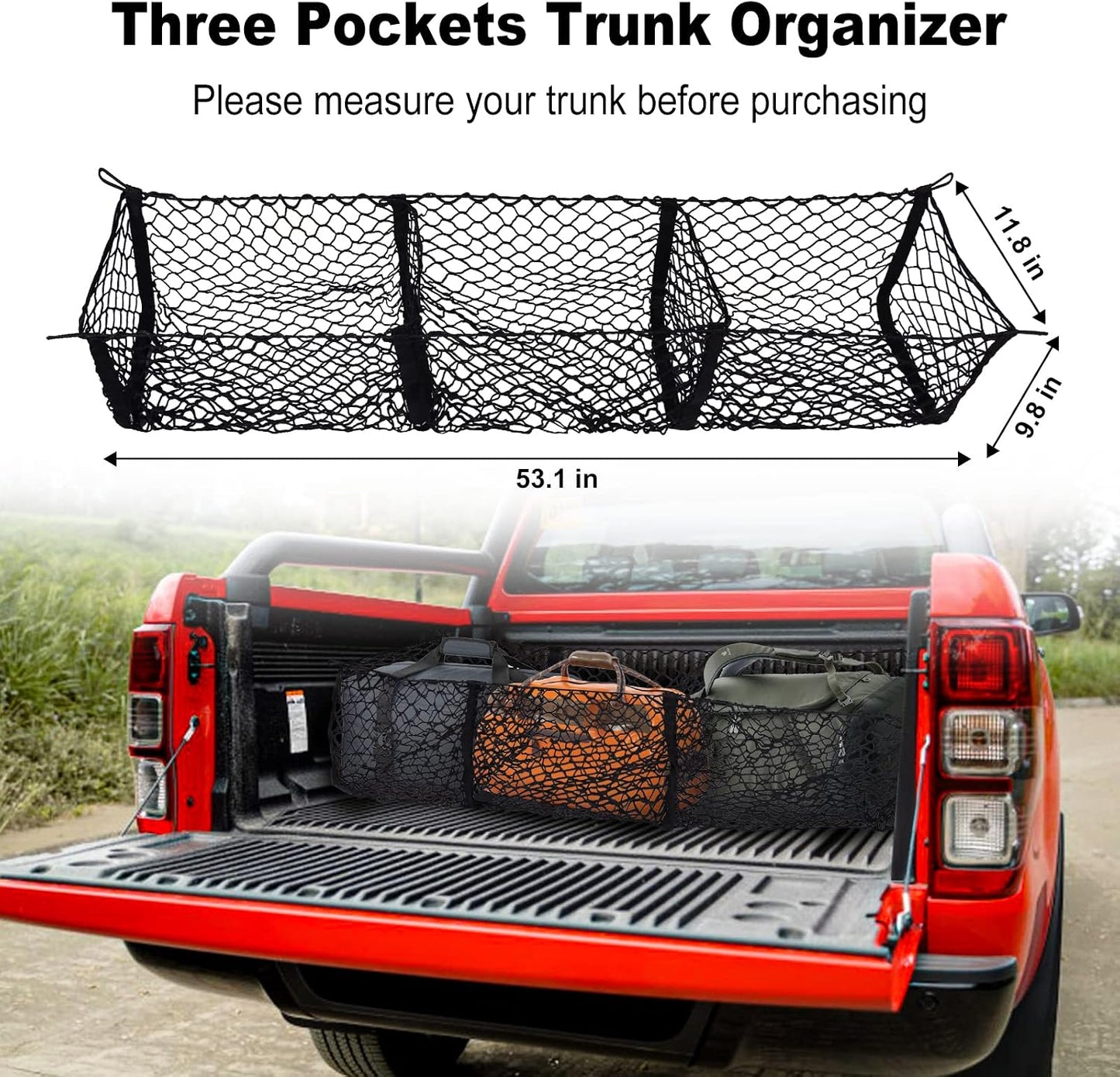 Cargo Net Trunk Bed Organizer for Ford/Dodge/GMC/Chevy Silverado/Toyota/Nissan/Honda Pickup Truck, 59" Longer Mesh Storage Net Grocery Holder Heavy Duty Automotive Cargo Net with 3 Detachable Pocket