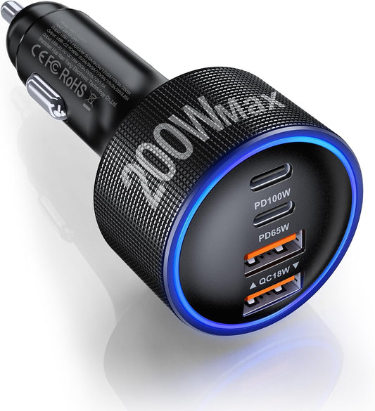 USB C Car Charger Fast Charge,200W Dual PD 4-Port Cigarette Lighter Adapter