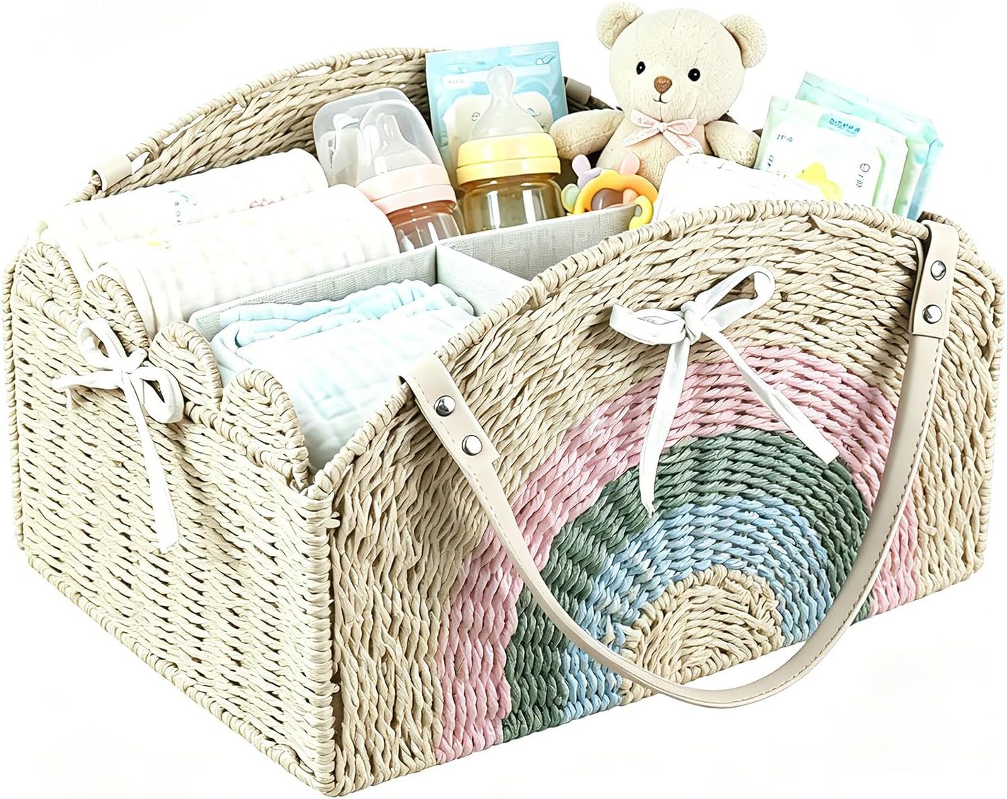 Large Baby Diaper Caddy, Paper Rope Storage Baskets Nursery Bin with Removable Divider, Portable Car Organizer for Diapers, Baby Shower Gifts, Newborn Essentials Must Haves (Light beige)