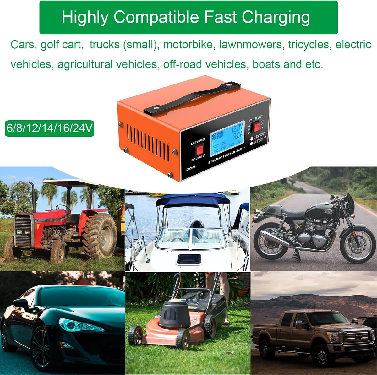 6/8/12/14/16/24V Battery Charger Smart Car Golf Cart 8 Volt Battery Charger