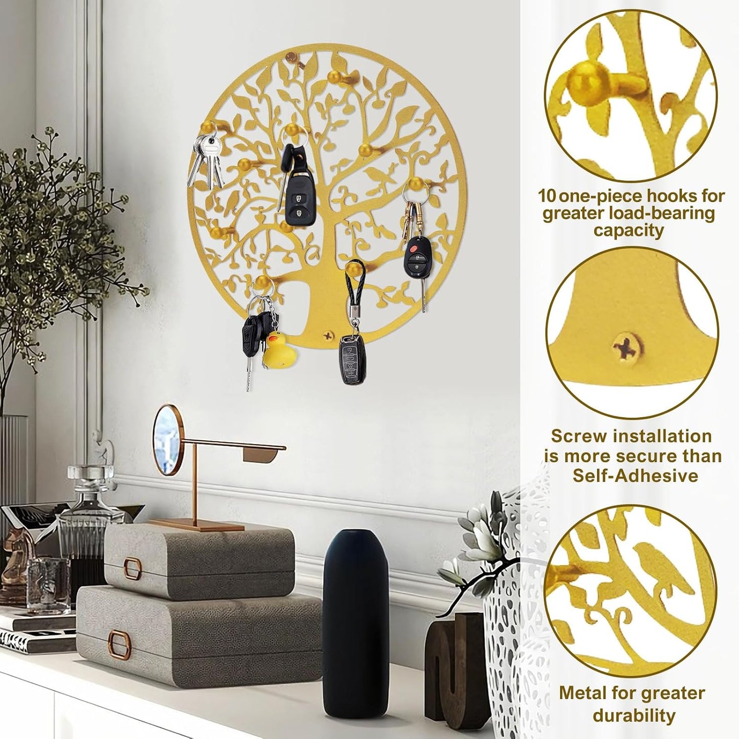 Round Decorative Home Key Holder Wall Mount, Metal Tree Car Key Rack for Wall Organizer for Keys, Wallets, Hats, Used for Decor for House Entryway, Kitchen, Garage, Office (12" Gold)