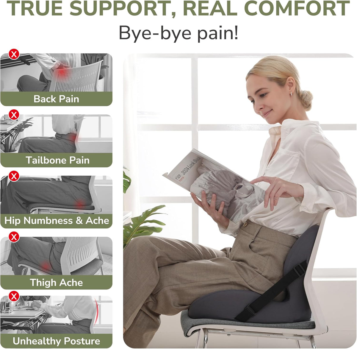 EGOHOME L-Shaped Seat Cushion for Office Chair & Car, Memory Foam Coccyx Cushion with Lumbar Support - Relieves Tailbone, Sciatica, Lower Back Pain, Adjustable Strap & Non-Slip Bottom, Grey
