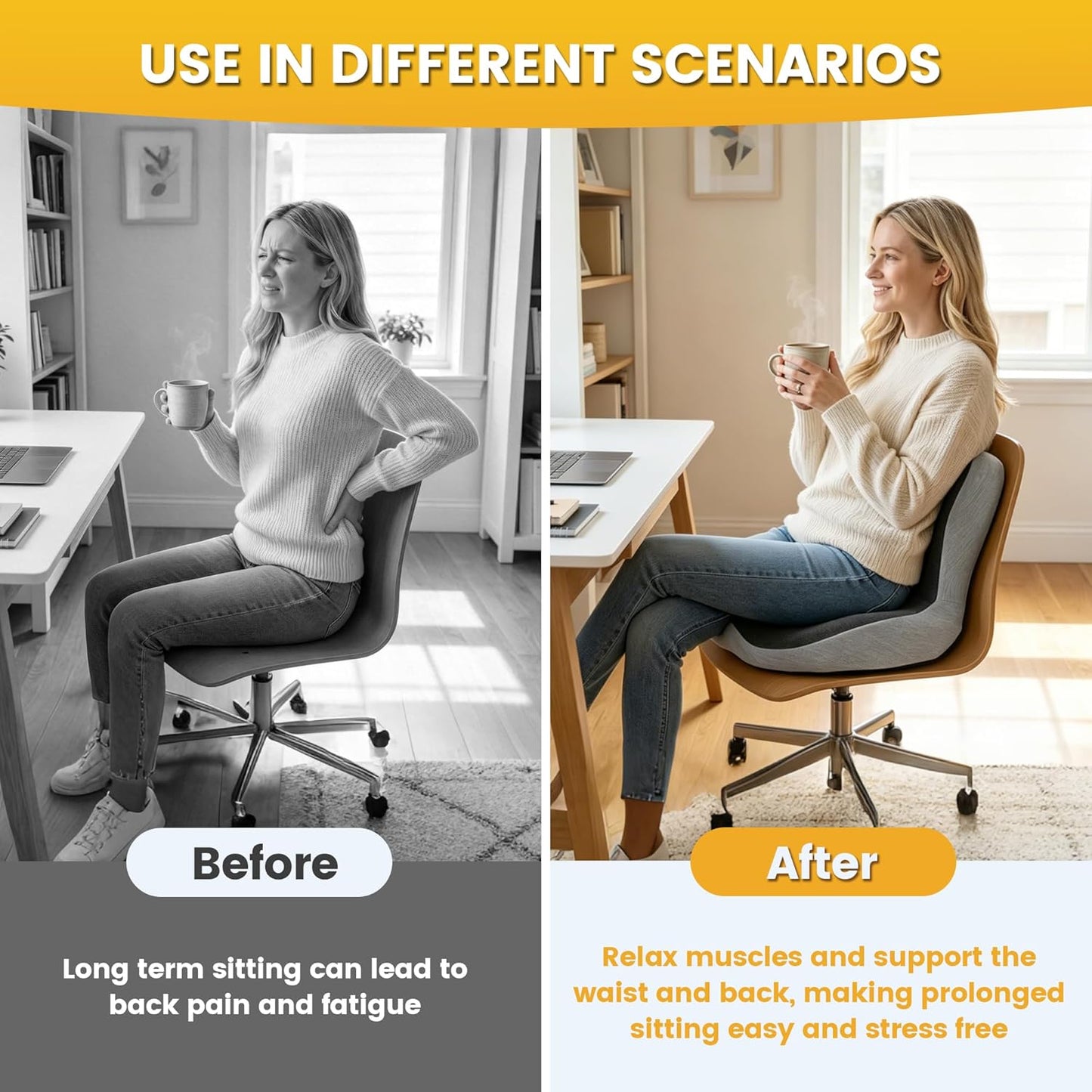 Urban Deco Memory Foam Seat Cushion for Office Chair, Sciatica Pain Relief Coccyx Cushion for Tailbone Pain, Orthopedic Gel Seat Cushion for Car, Non-Slip Bottom and Breathable Cover, Black & Grey