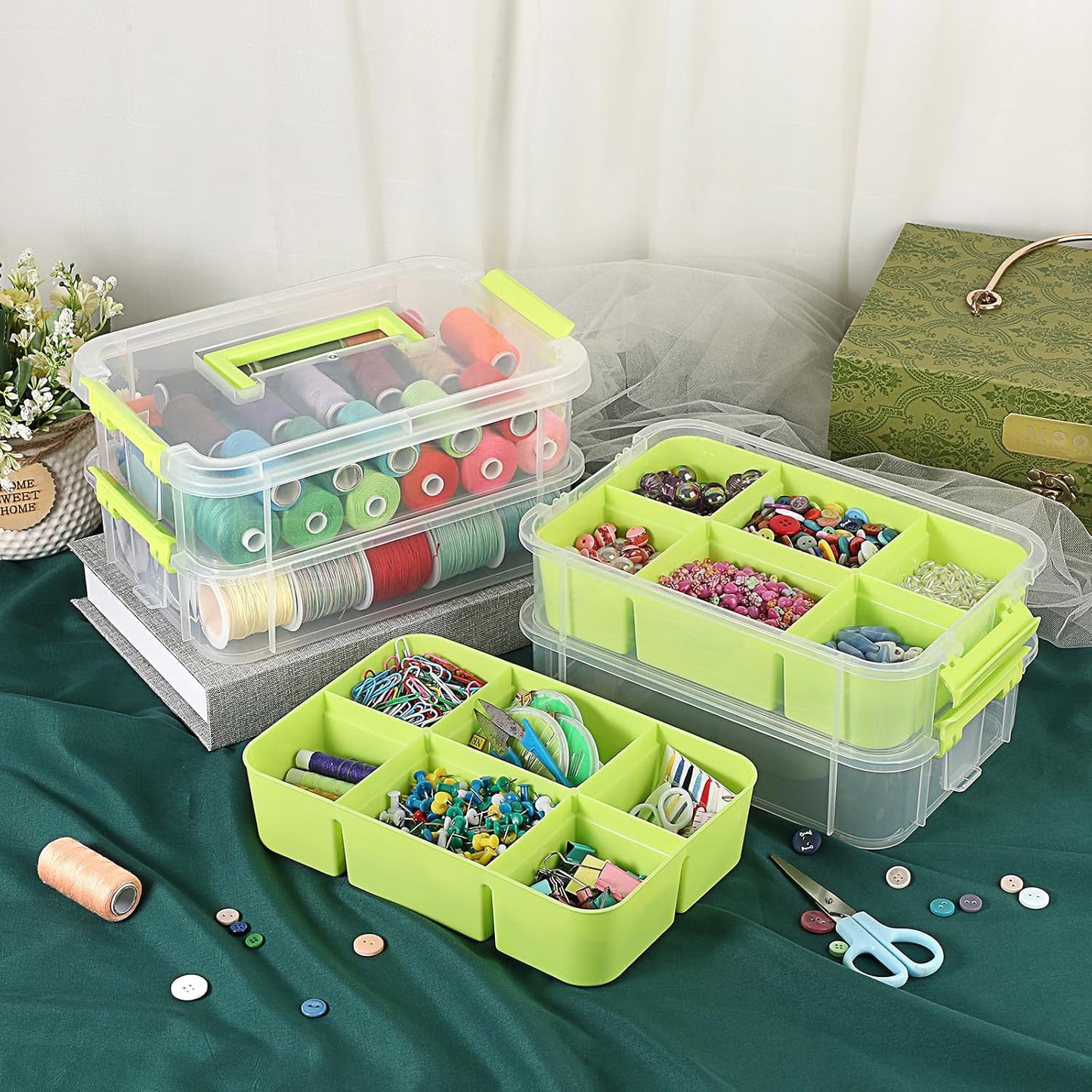JUXYES 4-Tiers Plastic Stack Carry Storage Containers Box wih Handle Lids | Clear Stackable Latching Storage Bin With 2 Tray for School Office, Organizing Sewing, Art Craft, DIY Supplies, Green
