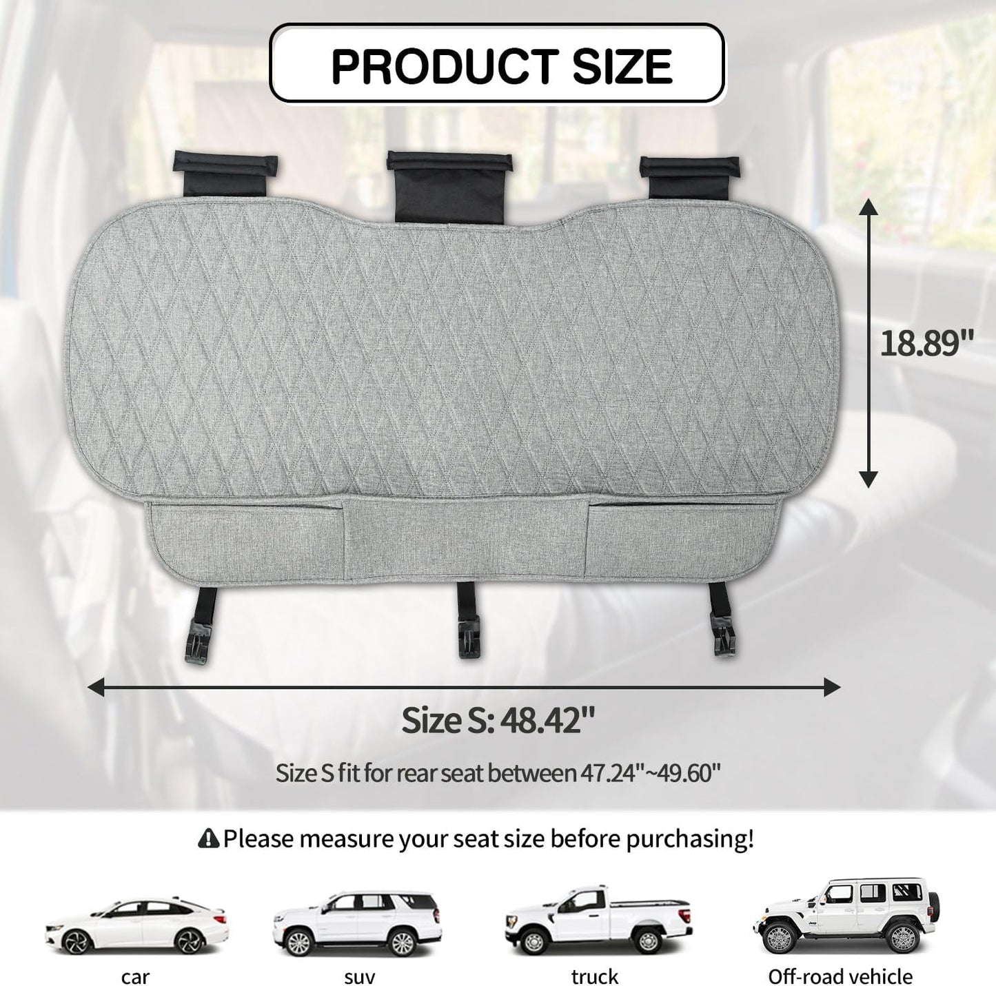 Universal Grey Anti-Slip Rear Car Seat Cover Size S - Faux Linen Bottom Bench Seat Cushion Fits Most of Vehicles Cars Truck SUV Van - Automotive Long Back Seats Protectors with Storage Pocket