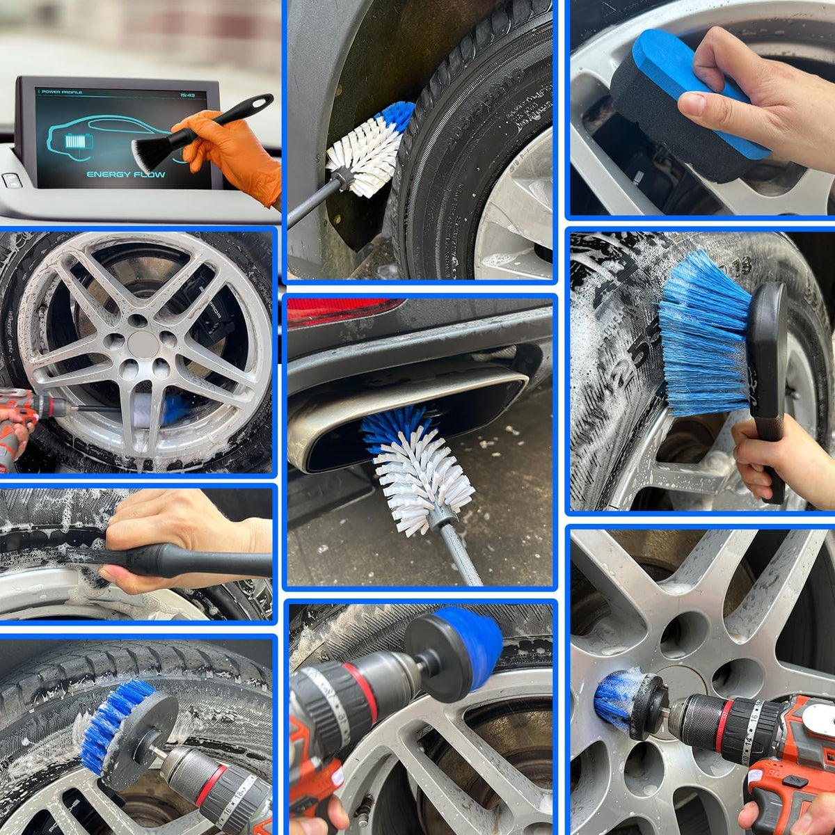 Wheel Brush Kit, Soft Drill Wheel Cleaner Brush, Tire Brush, Detailing Brush, and Detailing Pads, No Scratches Car Wheel Cleaning Kit for Wheels, Tire, Rims, Engines, Exhaust(Blue + White 9 Pk)