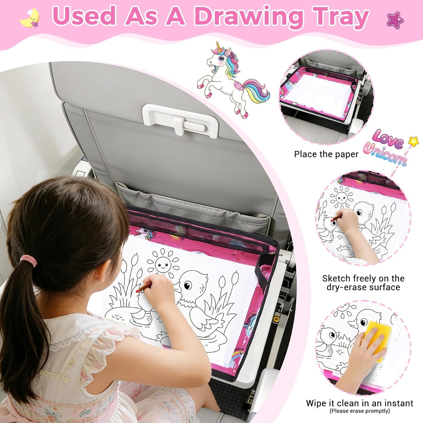 COOLBEBE Airplane Tray Table Cover, Foldable Travel Tray Cover for Toddlers 1-3, Universal Fit for Airplane, Car Seat, High Chair, Machine Washable, Portable, Pink Unicorn