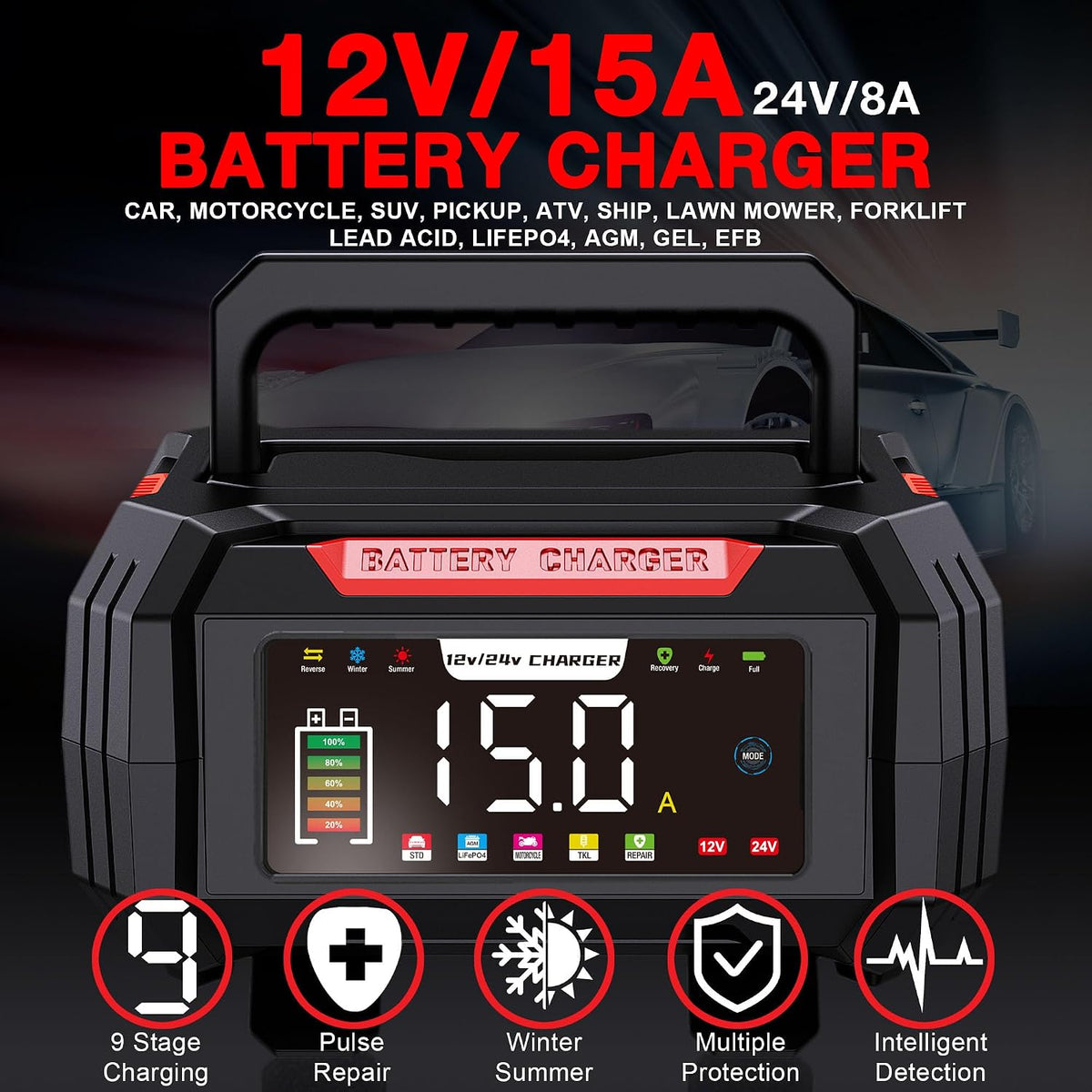 Car Battery Charger 15-Amp 12V/24V Smart Trickle Charger Fully Automatic