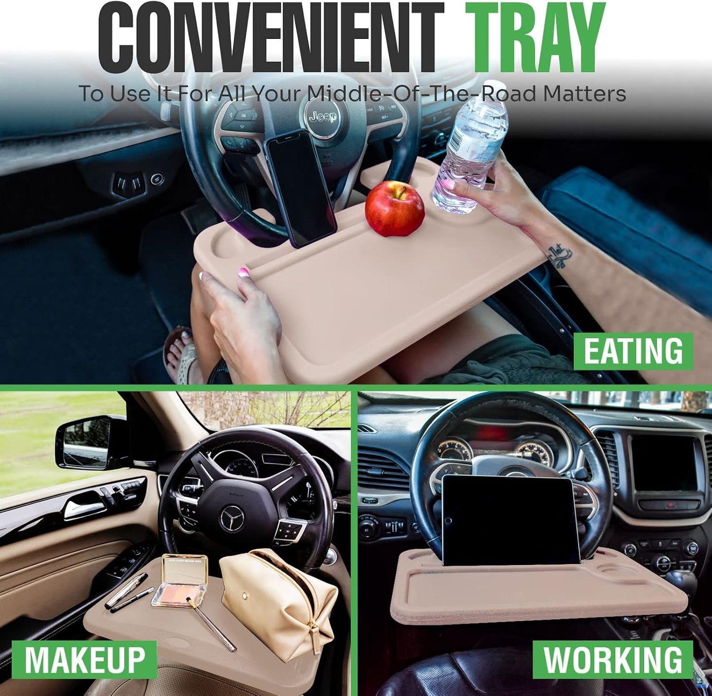 lebogner Steering Wheel Tray, Car Tray for Eating, Hook On Steering Wheel Desk for Food, Laptop and Car Accessories, Car Road Trip Must Haves Gadgets Car Table (Beige, with Tablet Slot)