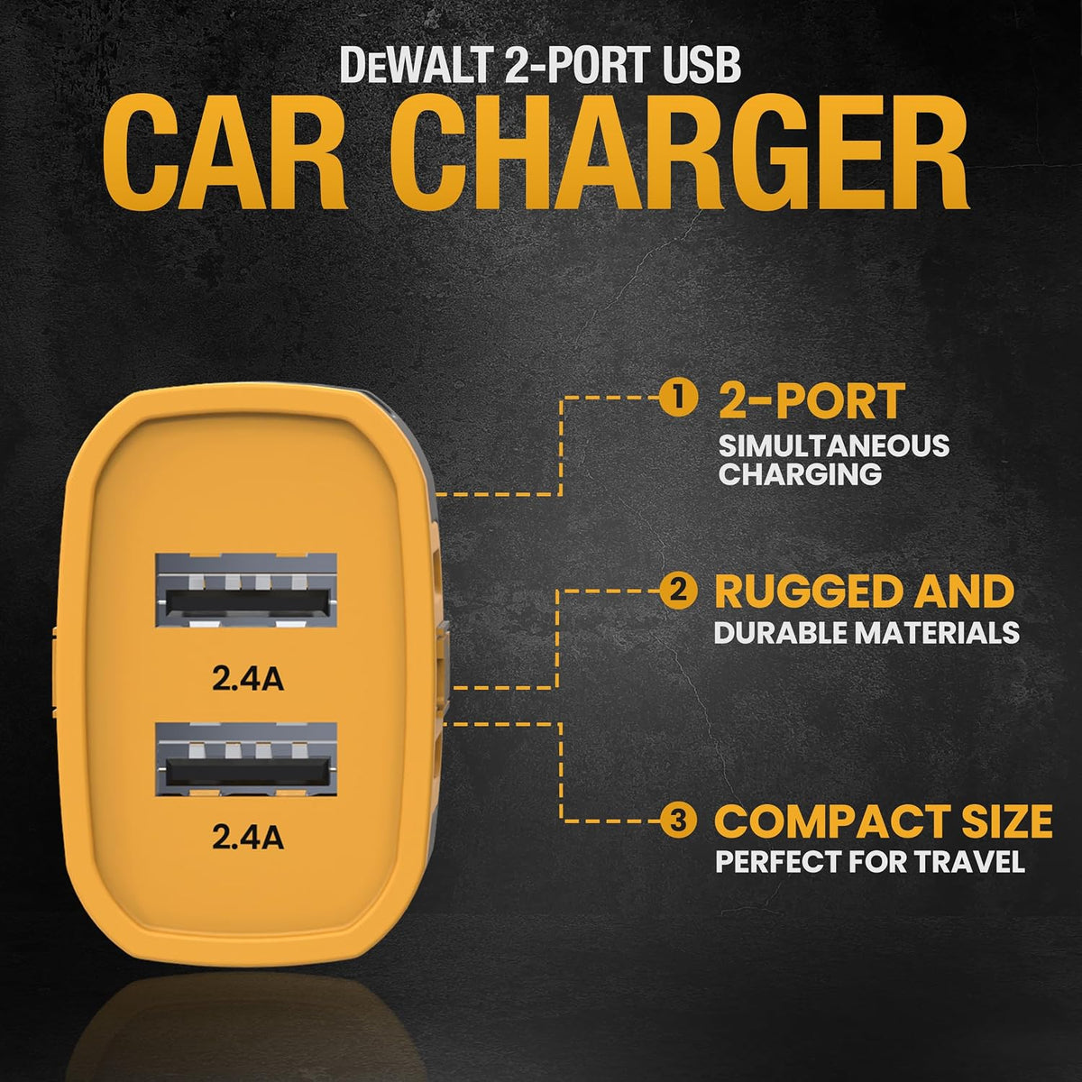 DEWALT Heavy Duty USB Car Charger Adapter, 24W, Cigarette Lighter Adapter
