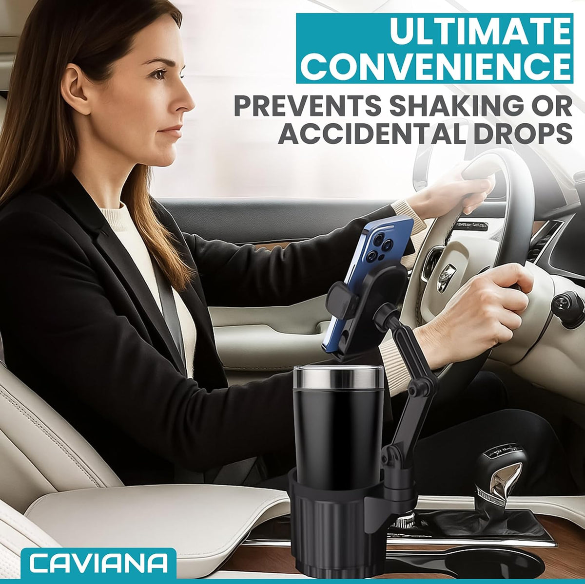 Phone Holder & Phone Mount for Car & Cup Holder Expander – 2-in-1 for Smartphones, Bottles, Tumblers & Coffee Mugs – Strong Clamp, Anti-Shake, 360° Rotation