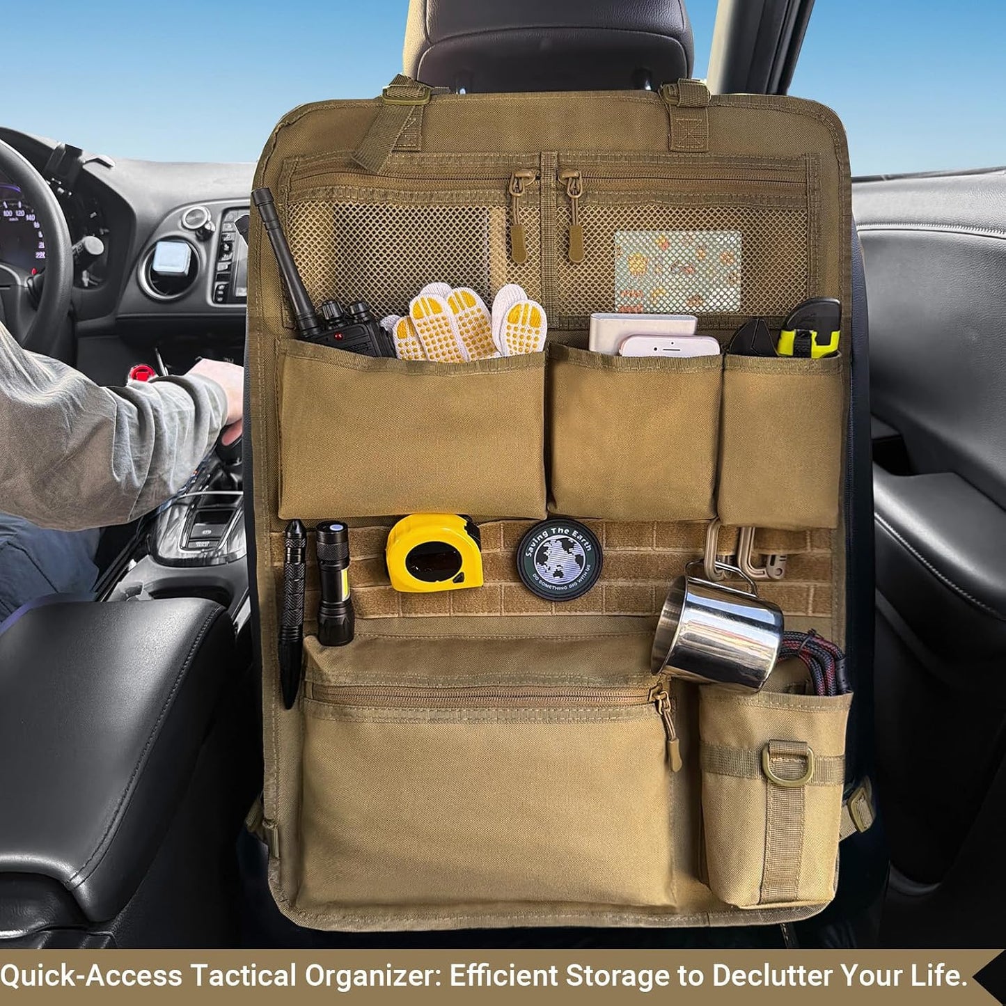 Tactical Car Seat Organizer with Multiple Pockets, MOLLE Panel System & Mesh Compartments, Durable Nylon Universal Vehicle Seat Back Storage with Cup Holder, Water-Resistant (Mud)