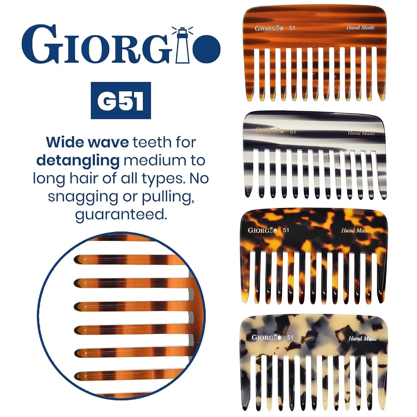 Giorgio G51 Wide Tooth Detangling Combs for Women, Wide Teeth Pocket Comb for Thick Curly Wavy Hair. Hair Detangler Comb For Wet and Dry Everyday Care. Handmade, Saw-Cut and Hand Polished